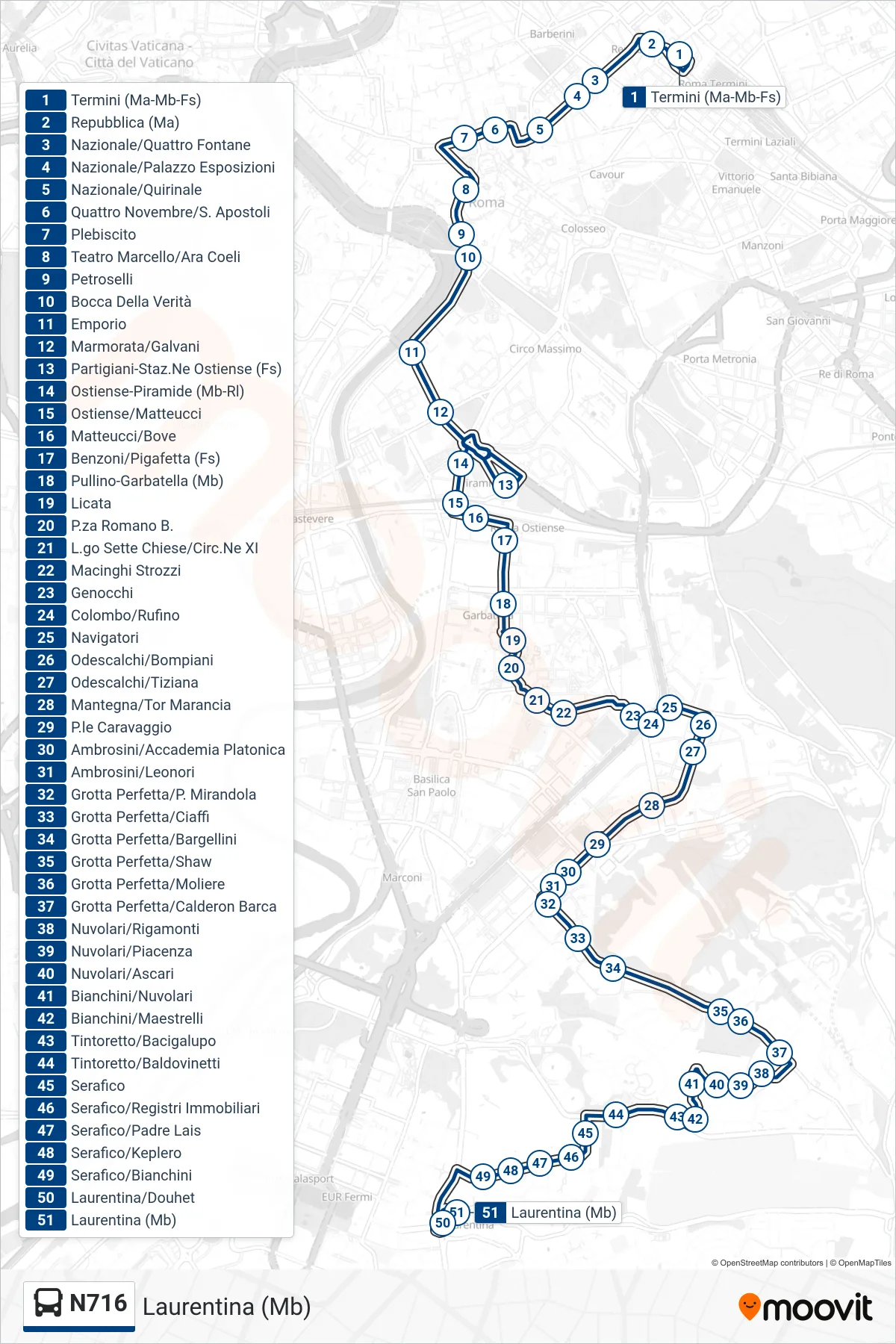 Linea N716  bus (Laurentina (Mb)) - Percorsi e fermate sulla mappa
