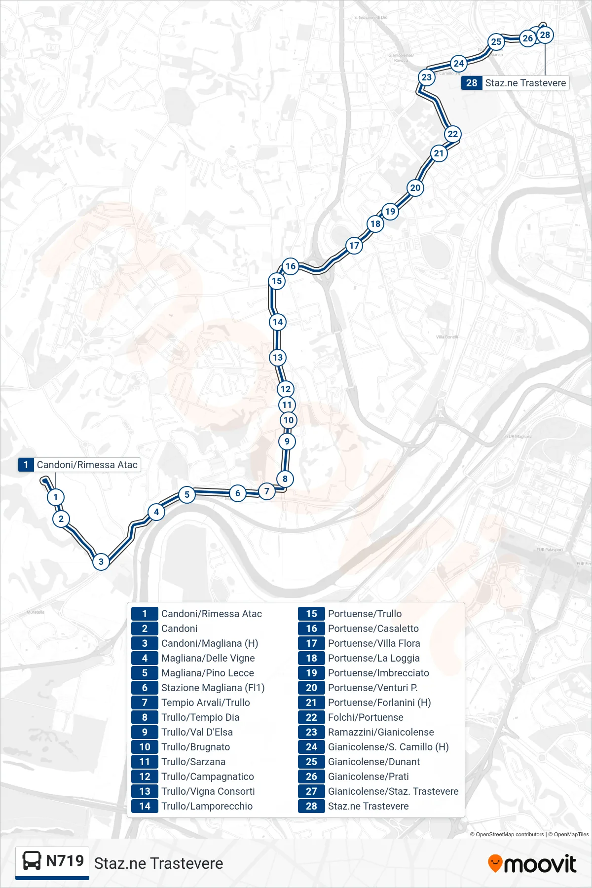 Linea N719 bus (Staz.ne Trastevere) - Percorsi e fermate sulla mappa