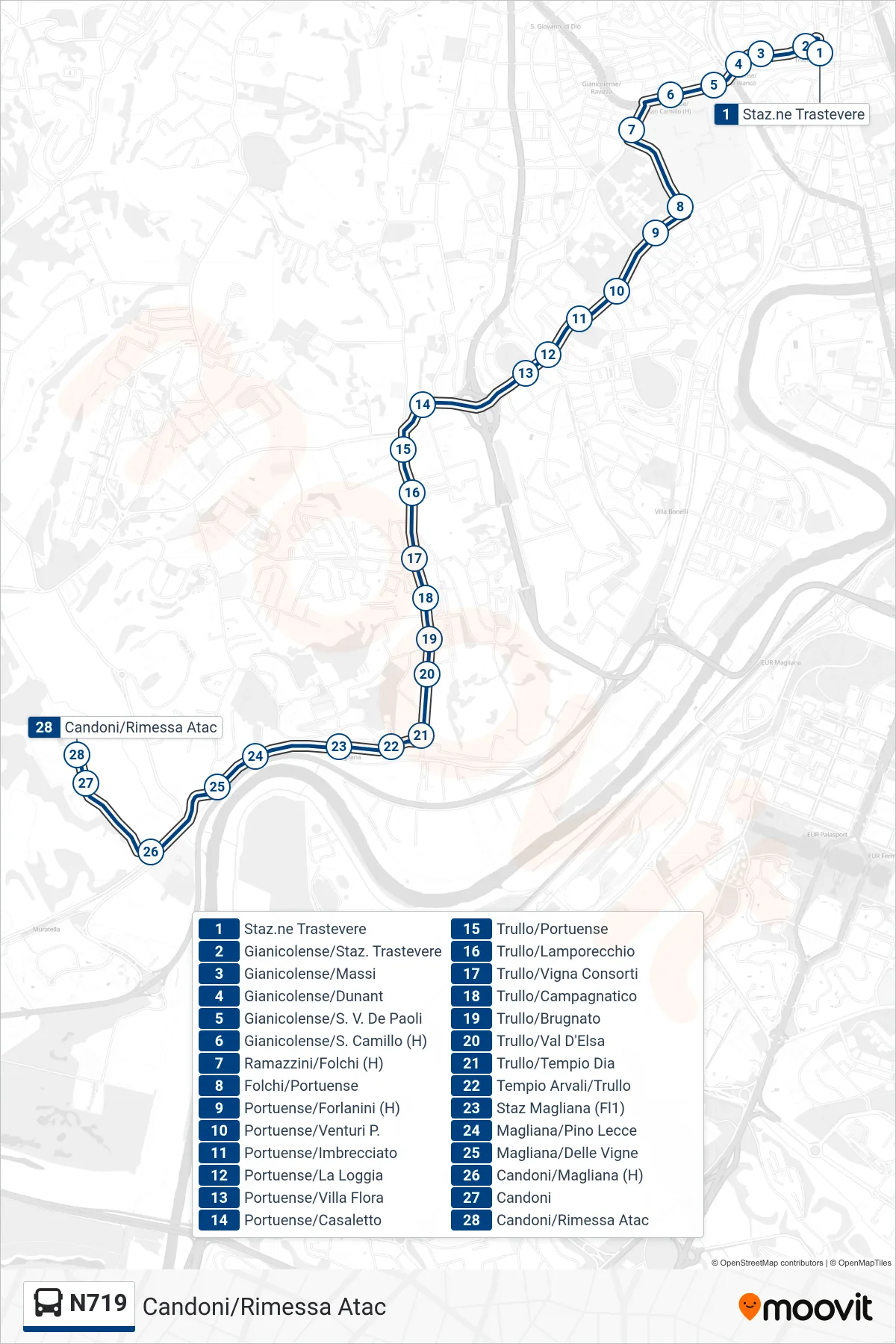N719 bus Line (Candoni/Atac Depot) route and stops on a map
