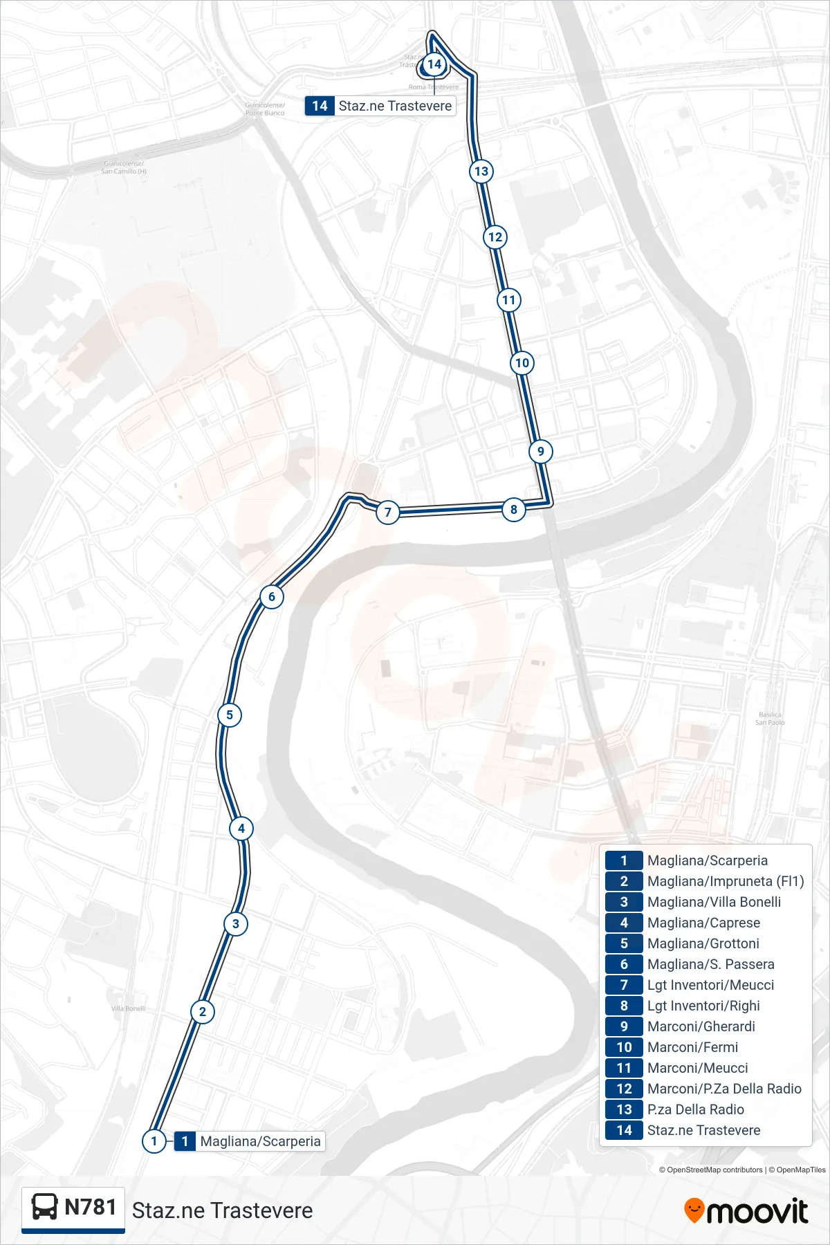 Linea N781  bus (Staz.ne Trastevere) - Percorsi e fermate sulla mappa