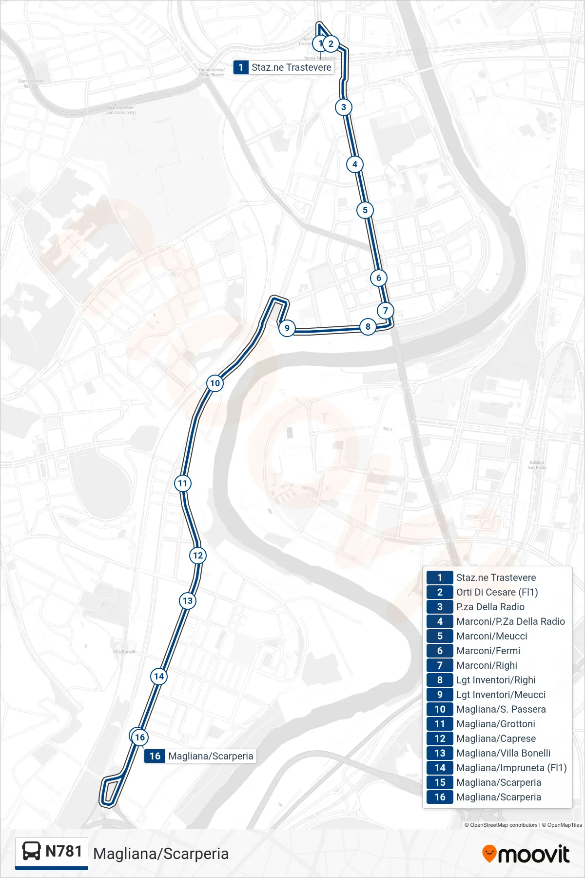 Linea N781 bus (Magliana/Scarperia) - Percorsi e fermate sulla mappa