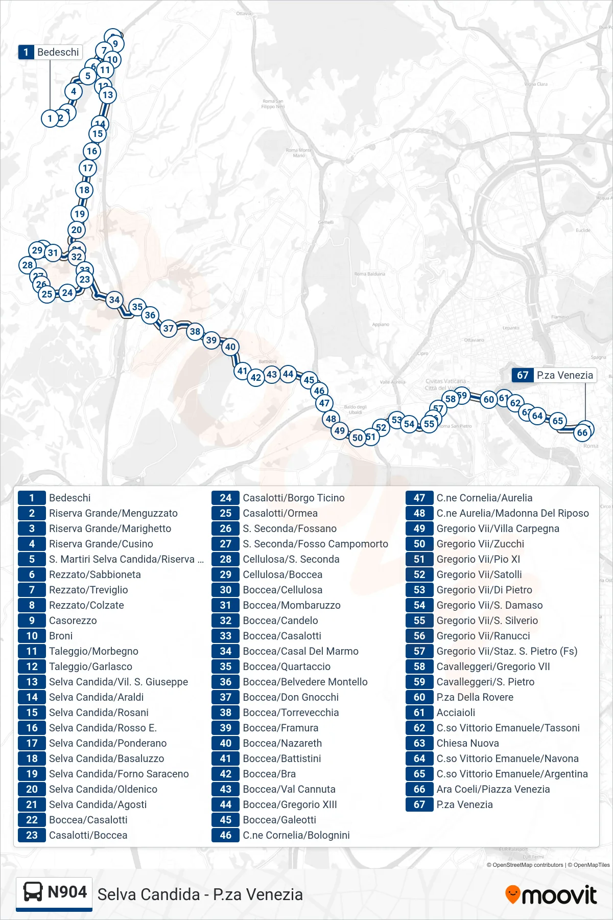 Linea N904 bus (P.za Venezia) - Percorsi e fermate sulla mappa