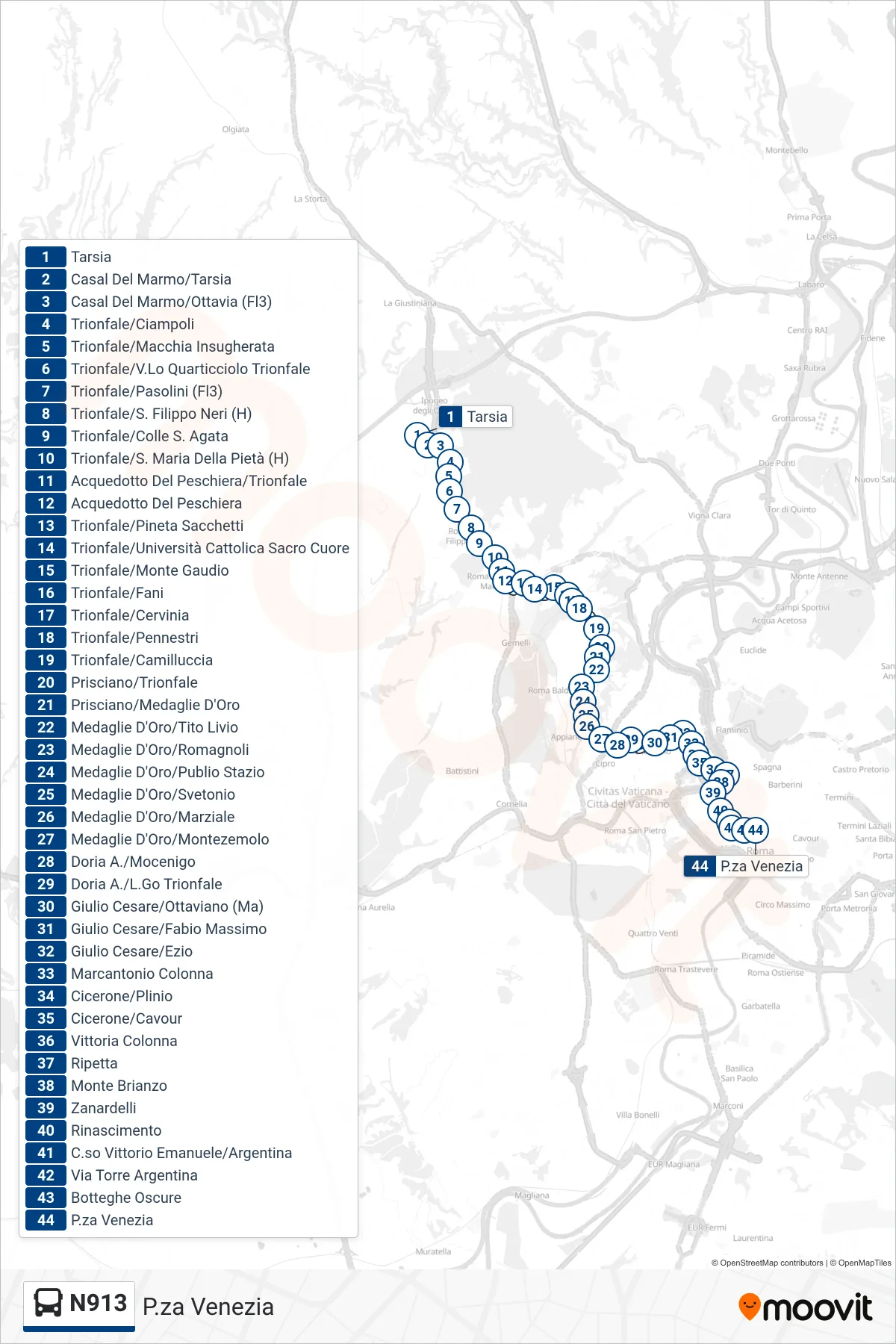 Linea N913 bus (P.za Venezia) - Percorsi e fermate sulla mappa