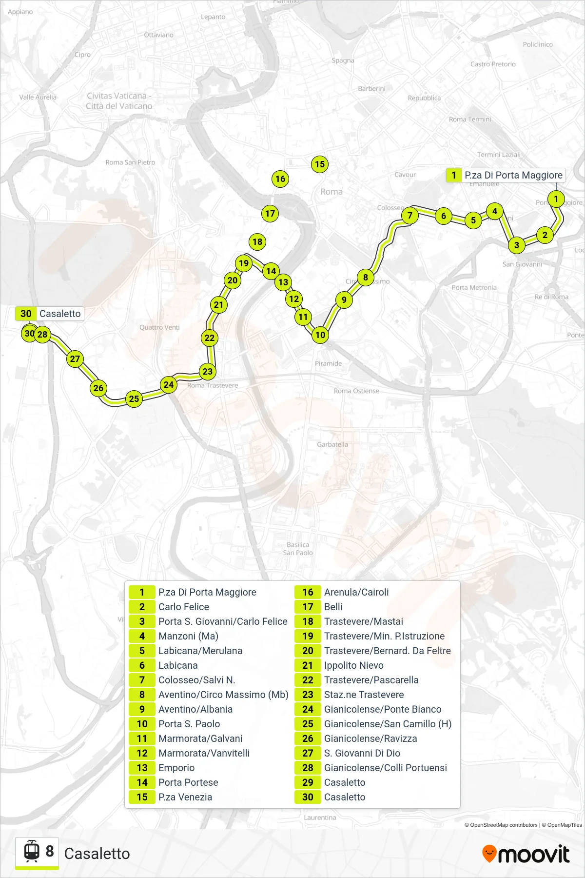 Linea 8 tram (Casaletto) - Percorsi e fermate sulla mappa