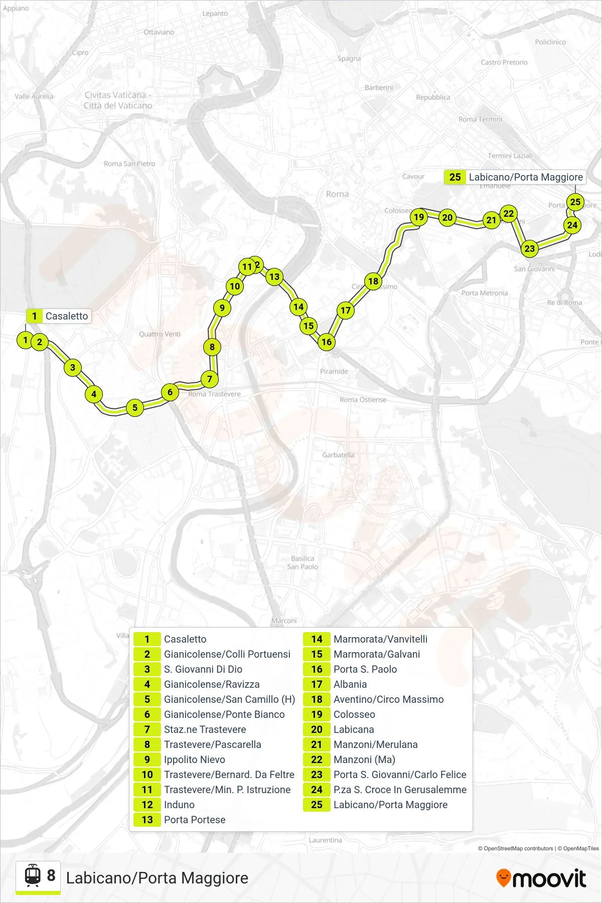 8 light rail Line (Labicano/Porta Maggiore) route and stops on a map