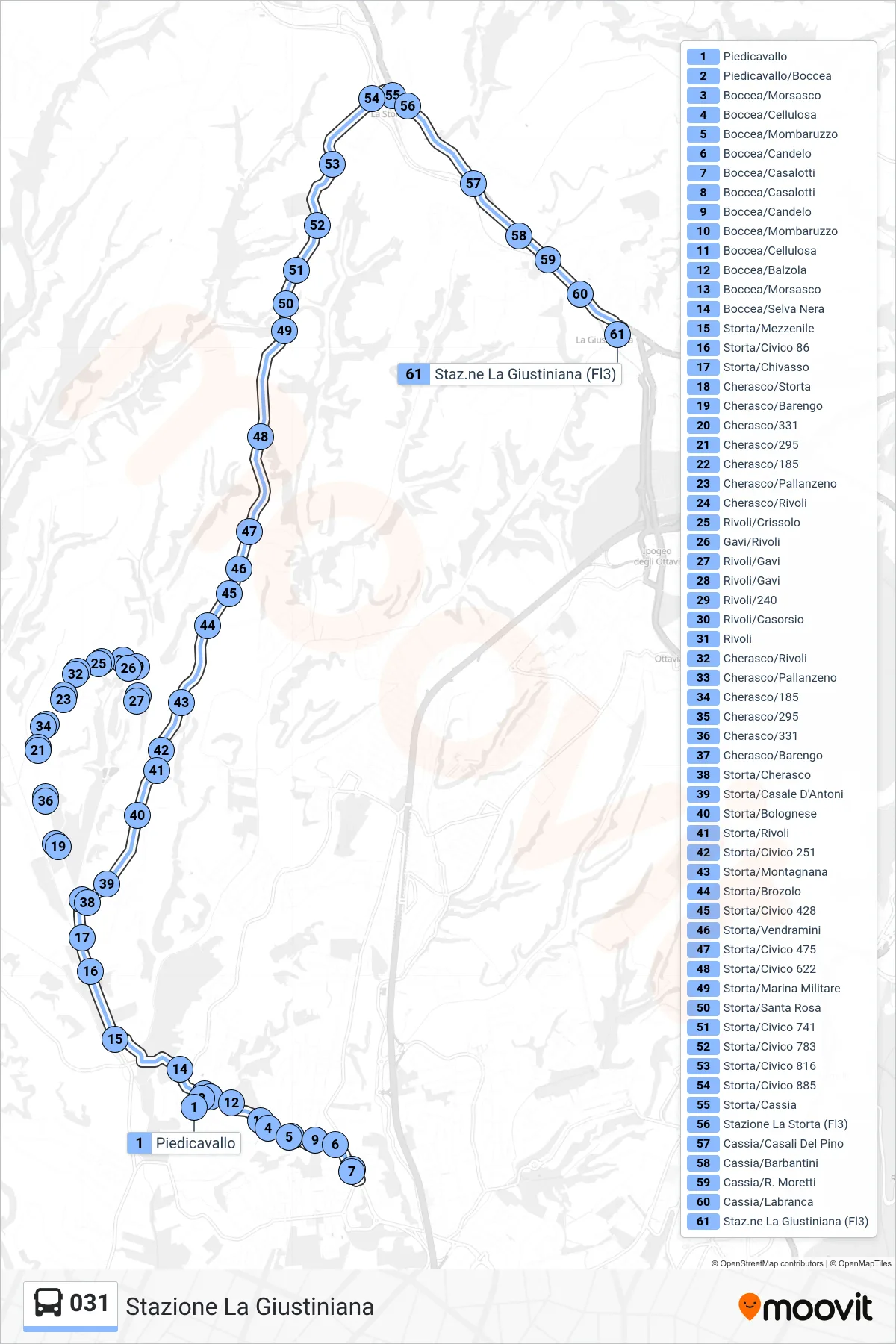 Linea 031 bus (Stazione La Giustiniana) - Percorsi e fermate sulla mappa