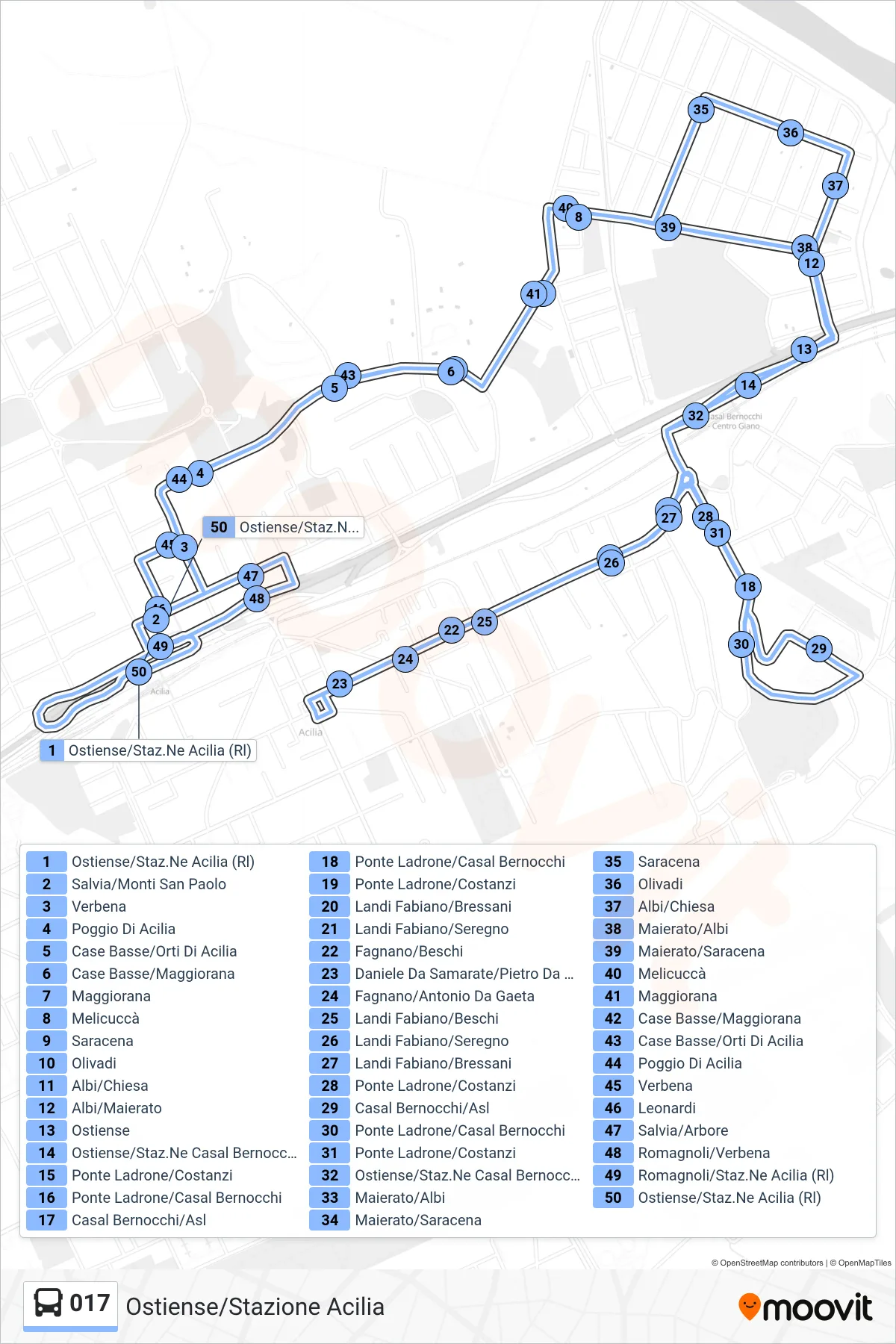Linea 017 bus (Ostiense/Stazione Acilia) - Percorsi e fermate sulla mappa