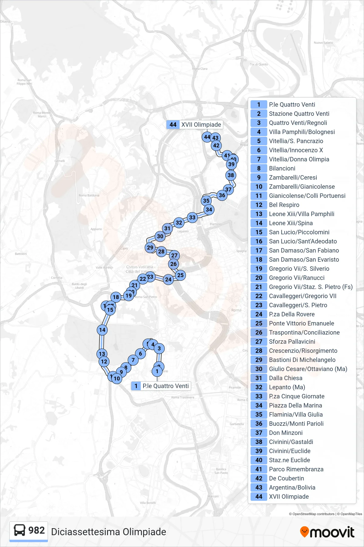 Linea 982  bus (Diciassettesima Olimpiade) - Percorsi e fermate sulla mappa