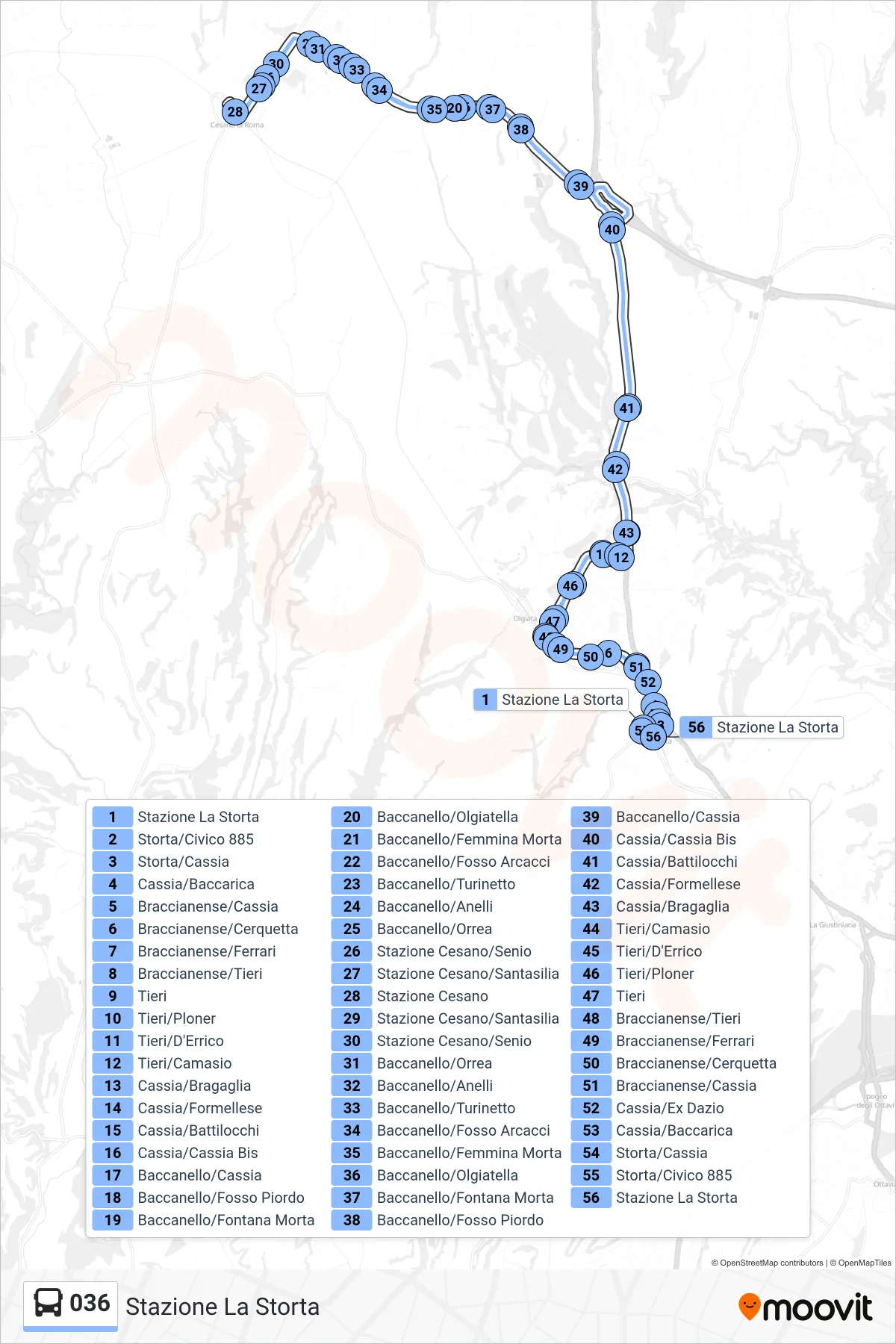 Linea 036 bus (Stazione La Storta) - Percorsi e fermate sulla mappa