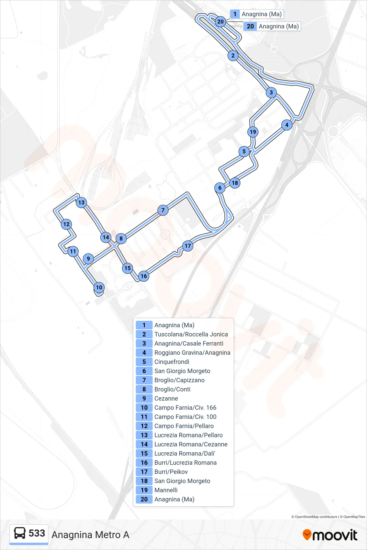 Linea 533 bus (Anagnina Metro A) - Percorsi e fermate sulla mappa