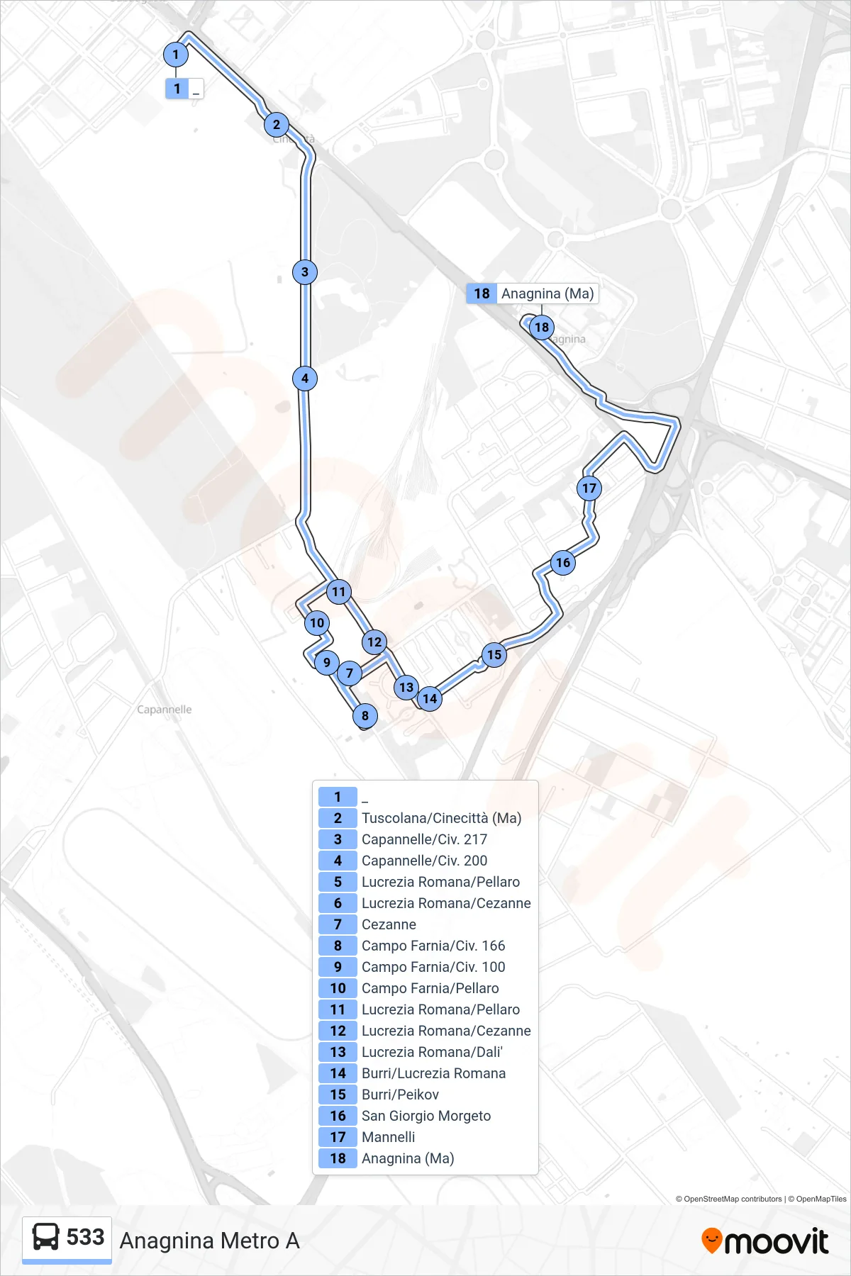Linea 533 bus (Anagnina Metro A) - Percorsi e fermate sulla mappa