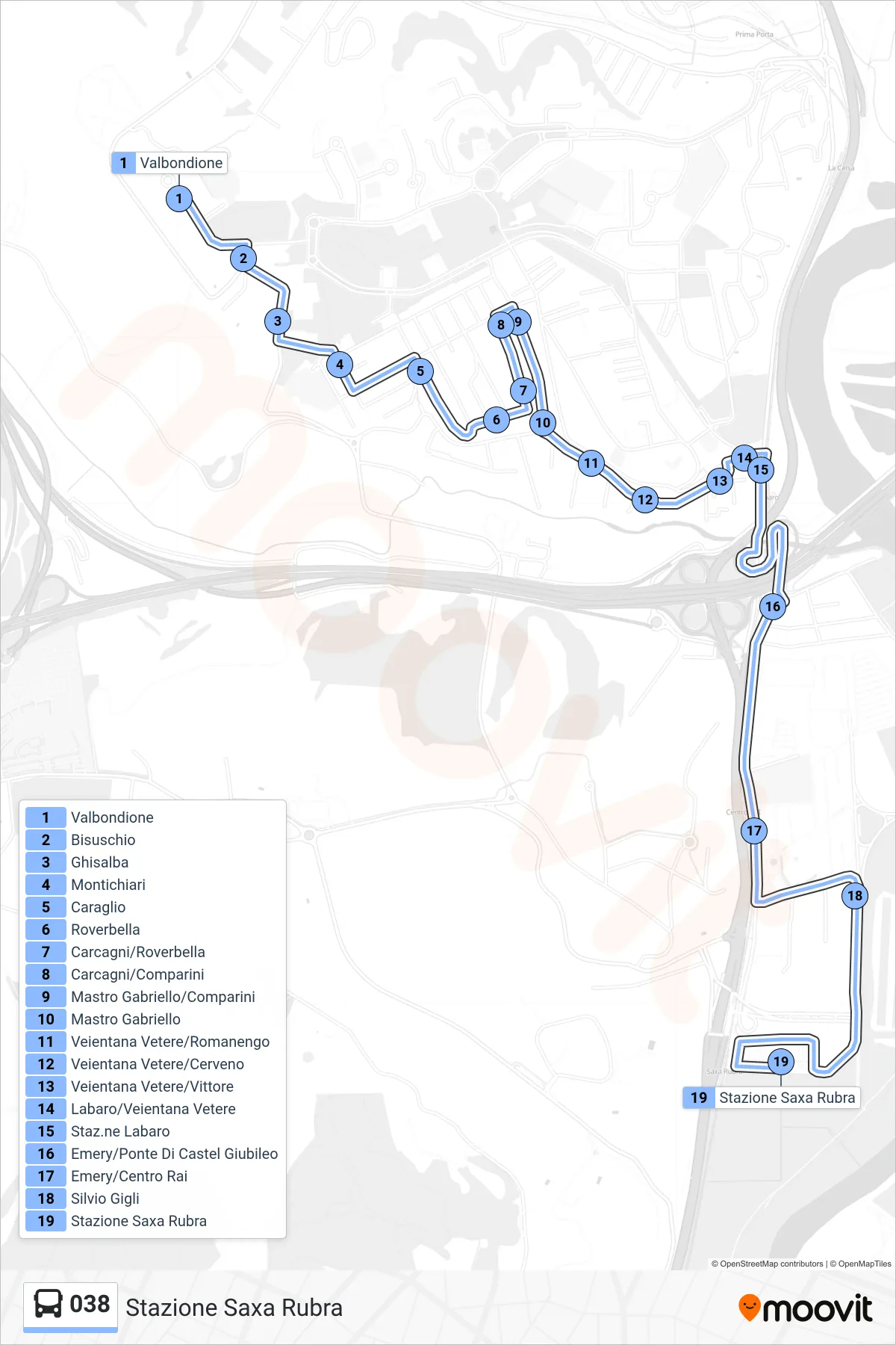 Linea 038 bus (Stazione Saxa Rubra) - Percorsi e fermate sulla mappa