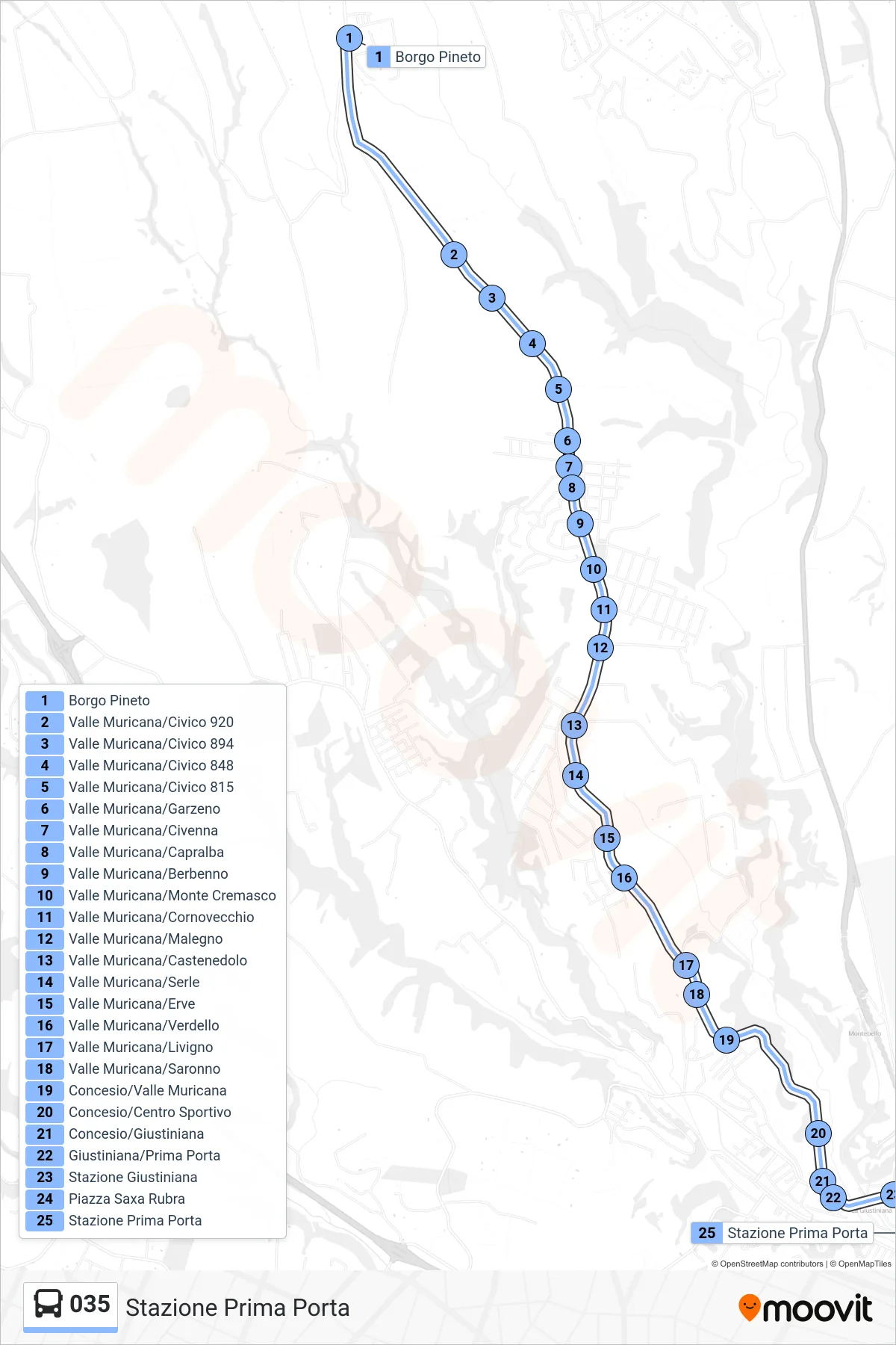 Linea 035 bus (Stazione Prima Porta) - Percorsi e fermate sulla mappa