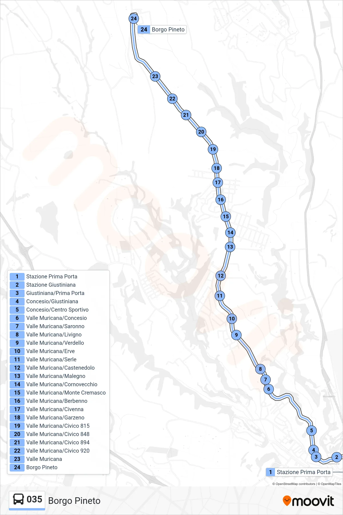 Linea 035 bus (Borgo Pineto) - Percorsi e fermate sulla mappa