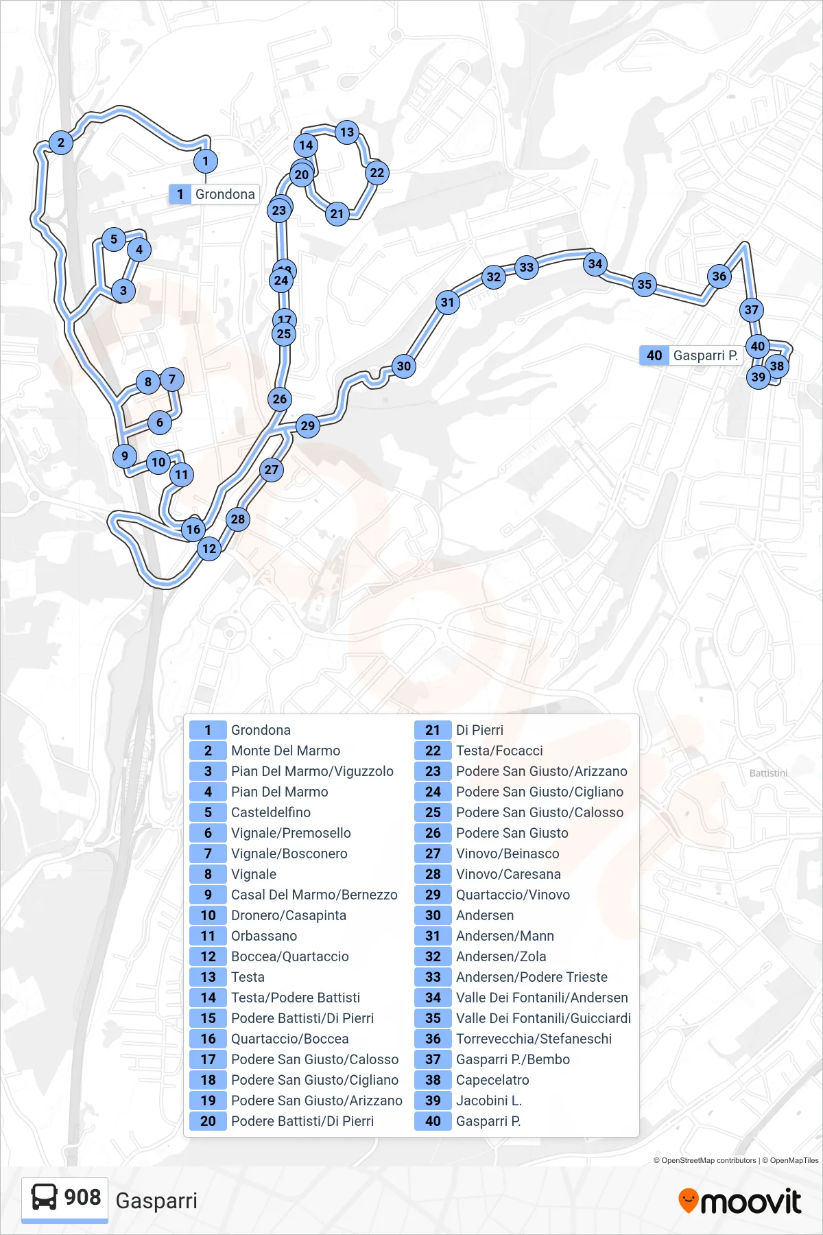 Linea 908 bus (Gasparri) - Percorsi e fermate sulla mappa
