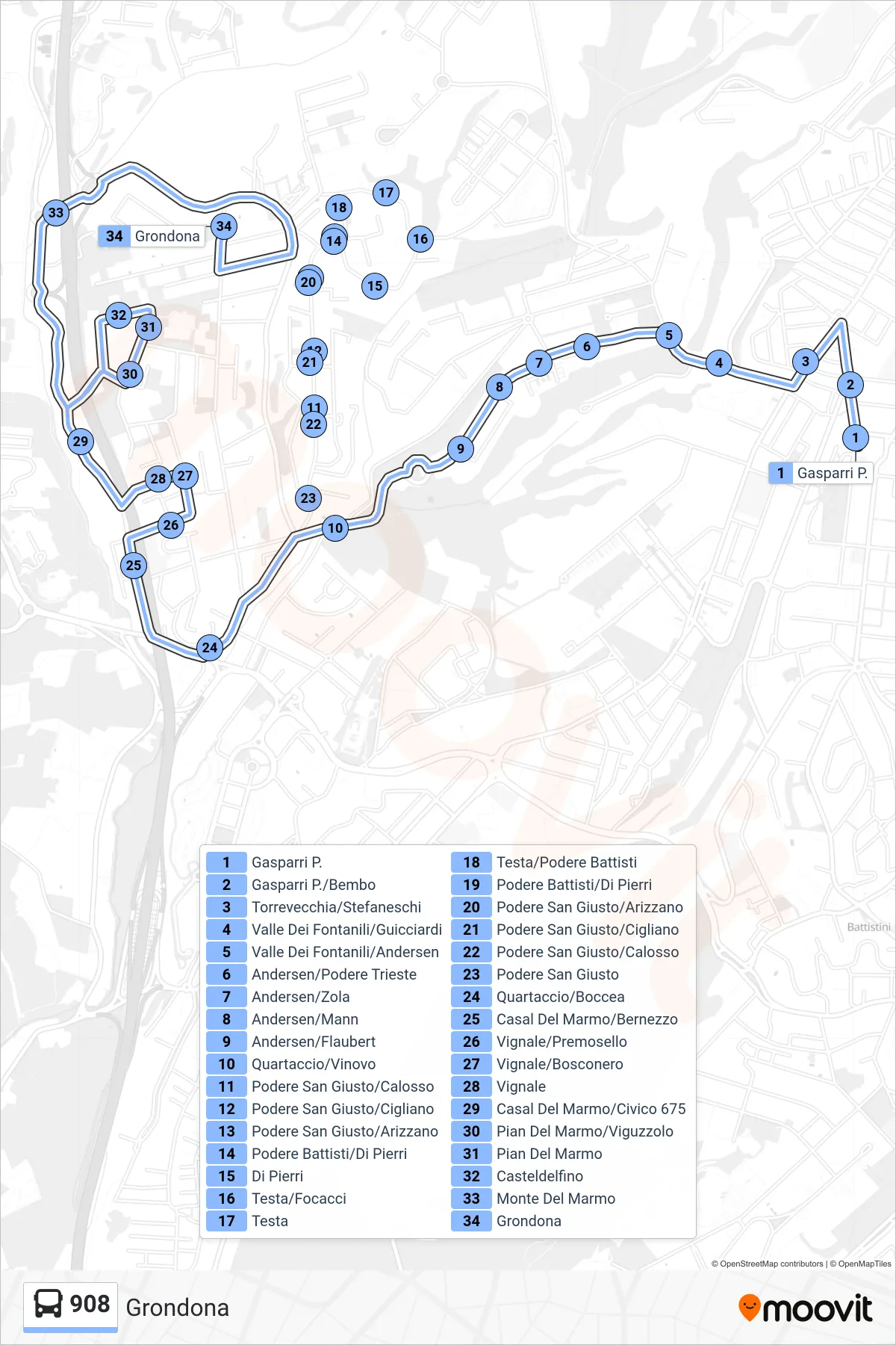 Linea 908  bus (Grondona) - Percorsi e fermate sulla mappa