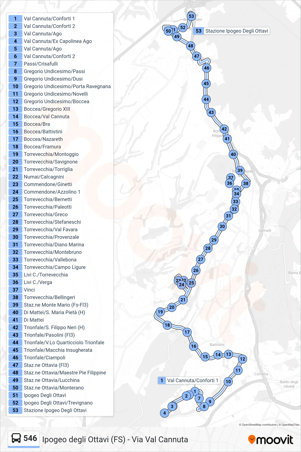 Linea 546 bus (Stazione Ipogeo Degli Ottavi) - Percorsi e fermate sulla mappa
