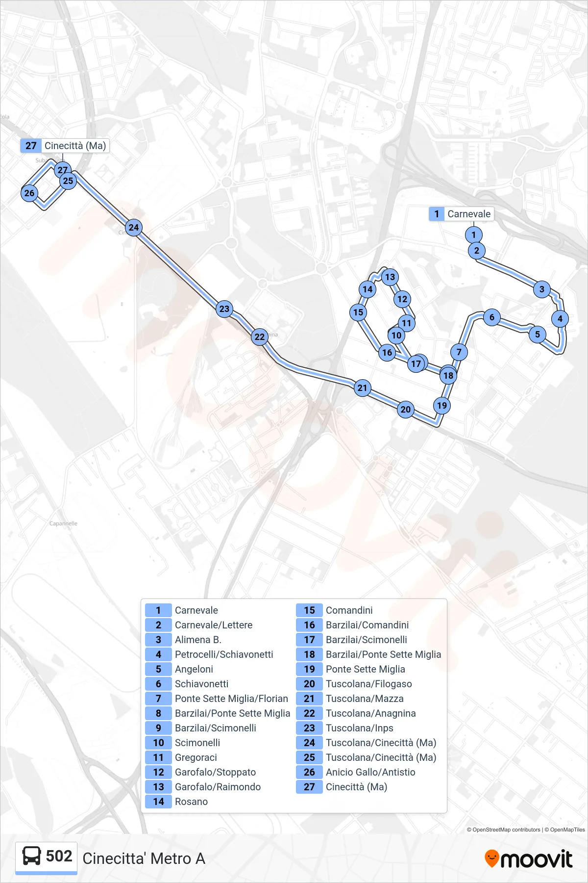 Linea 502 bus (Cinecitta' Metro A) - Percorsi e fermate sulla mappa
