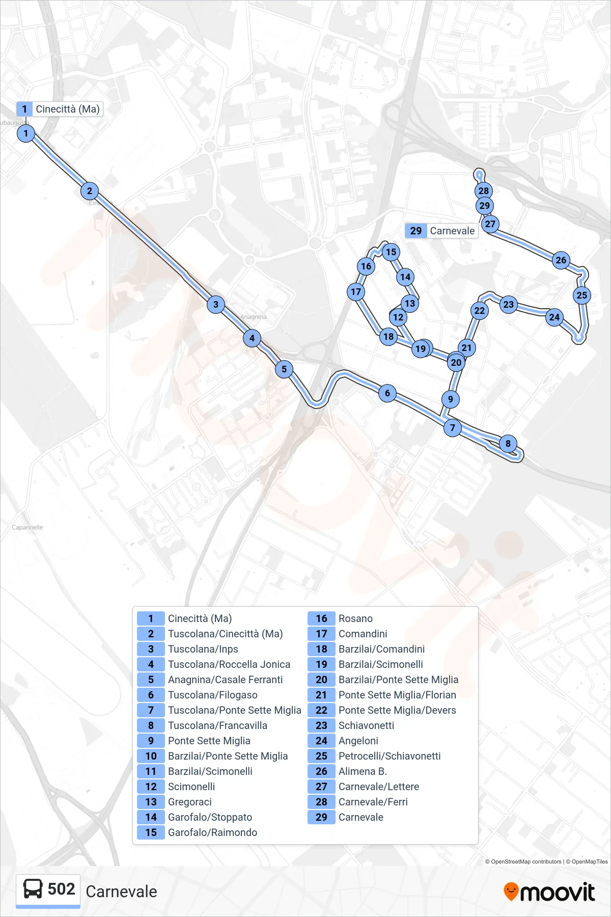 Linea 502 bus (Carnevale) - Percorsi e fermate sulla mappa