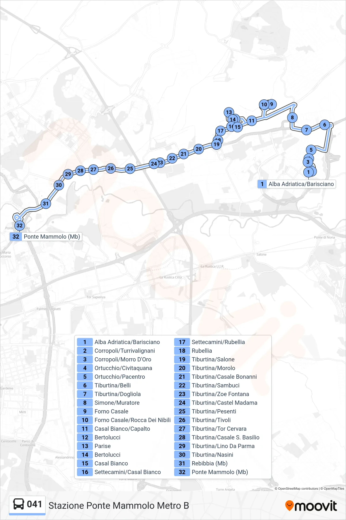 Linea 041 bus (Stazione Ponte Mammolo Metro B) - Percorsi e fermate sulla mappa