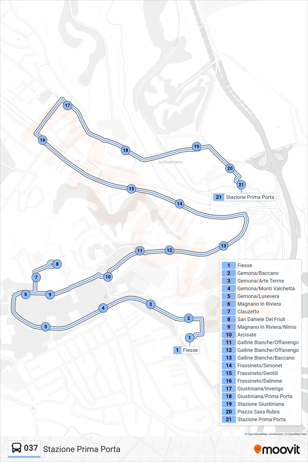 037 bus Line (Prima Porta Station) route and stops on a map