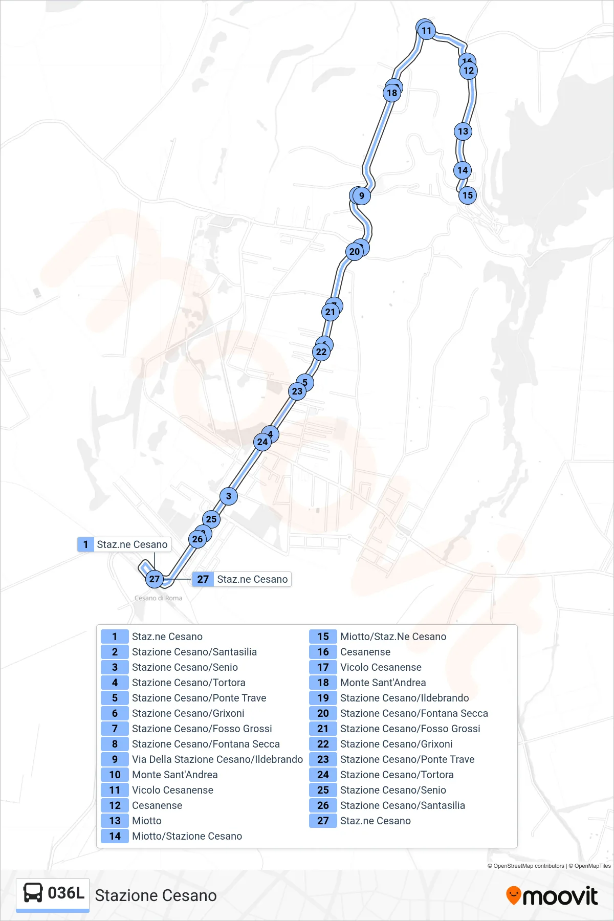 Linea 036L bus (Stazione Cesano) - Percorsi e fermate sulla mappa