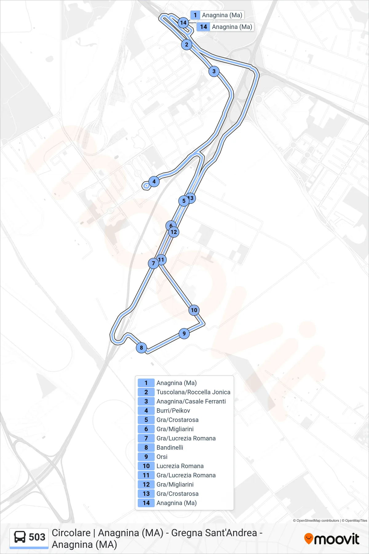 Linea 503 bus (Stazione Metro Anagnina Metro A) - Percorsi e fermate sulla mappa