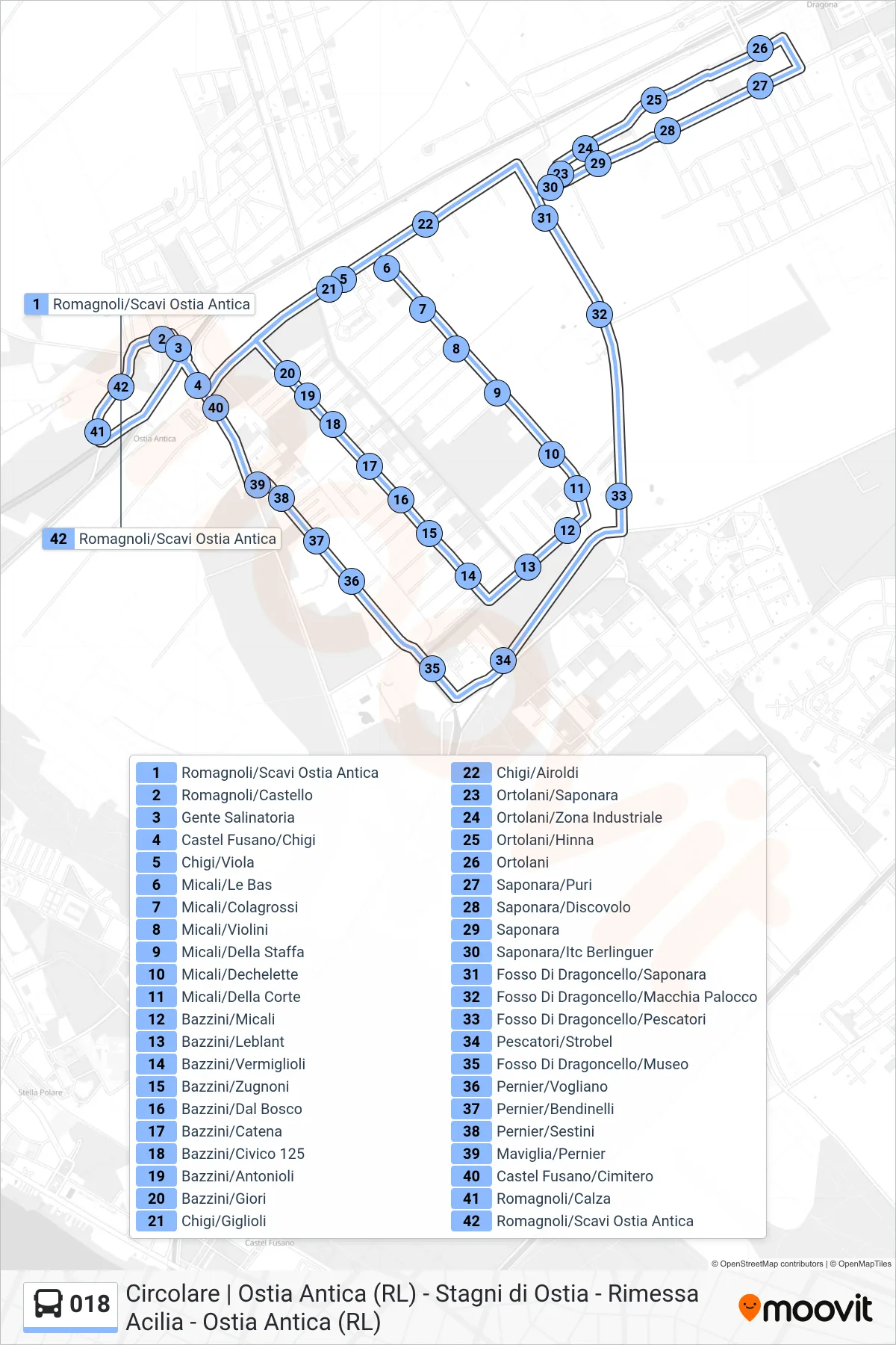 Linea 018 bus (Romagnoli/Scavi Ostia Antica) - Percorsi e fermate sulla mappa