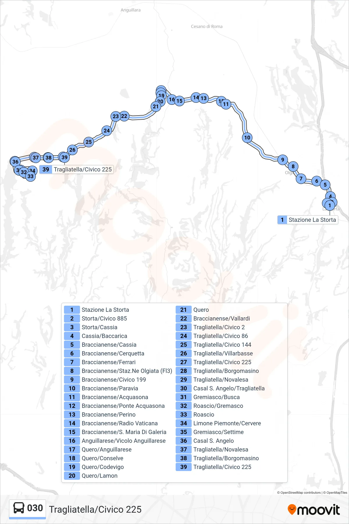 Linea 030  bus (Tragliatella/Civico 225) - Percorsi e fermate sulla mappa