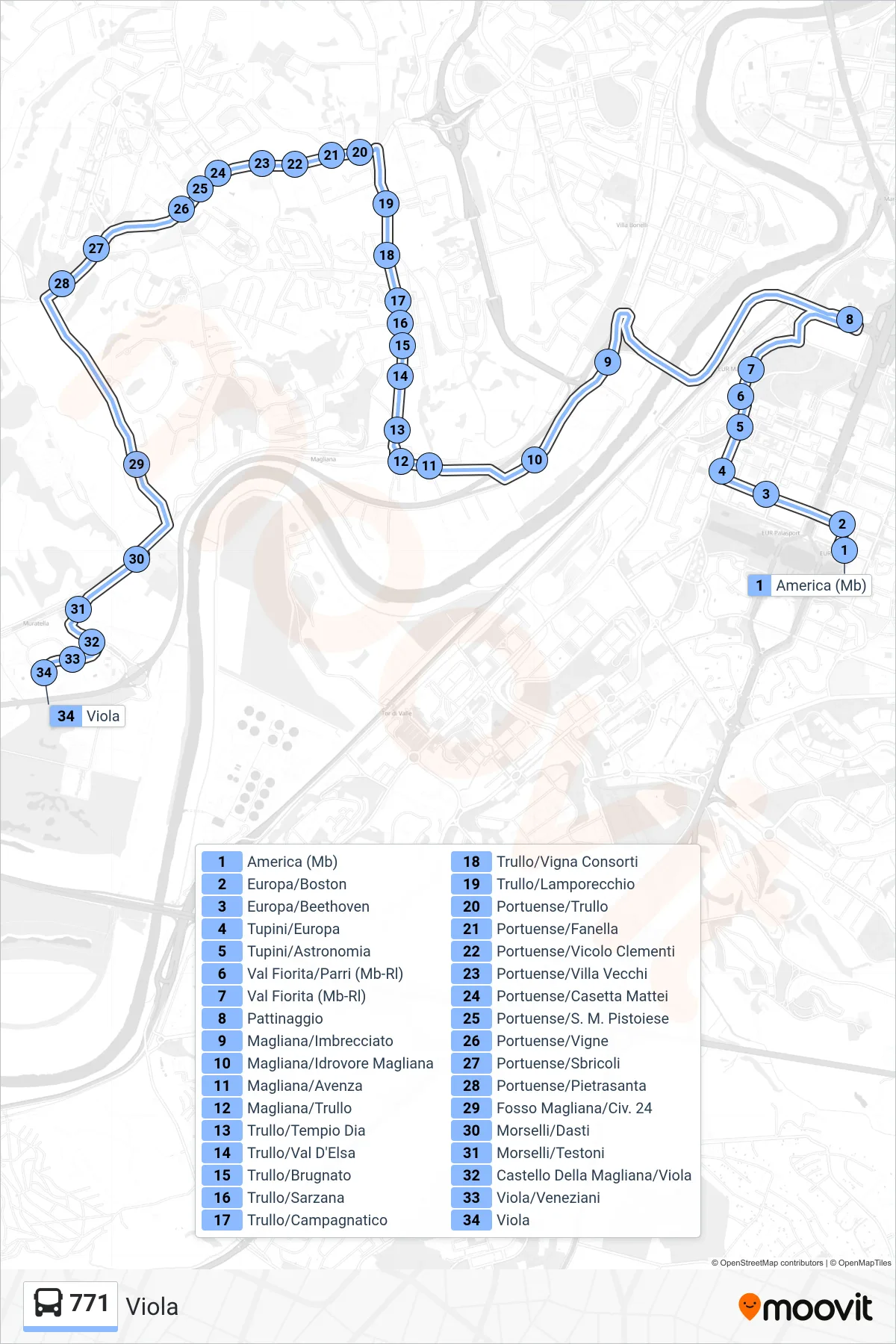 771 bus Line (Viola) route and stops on a map