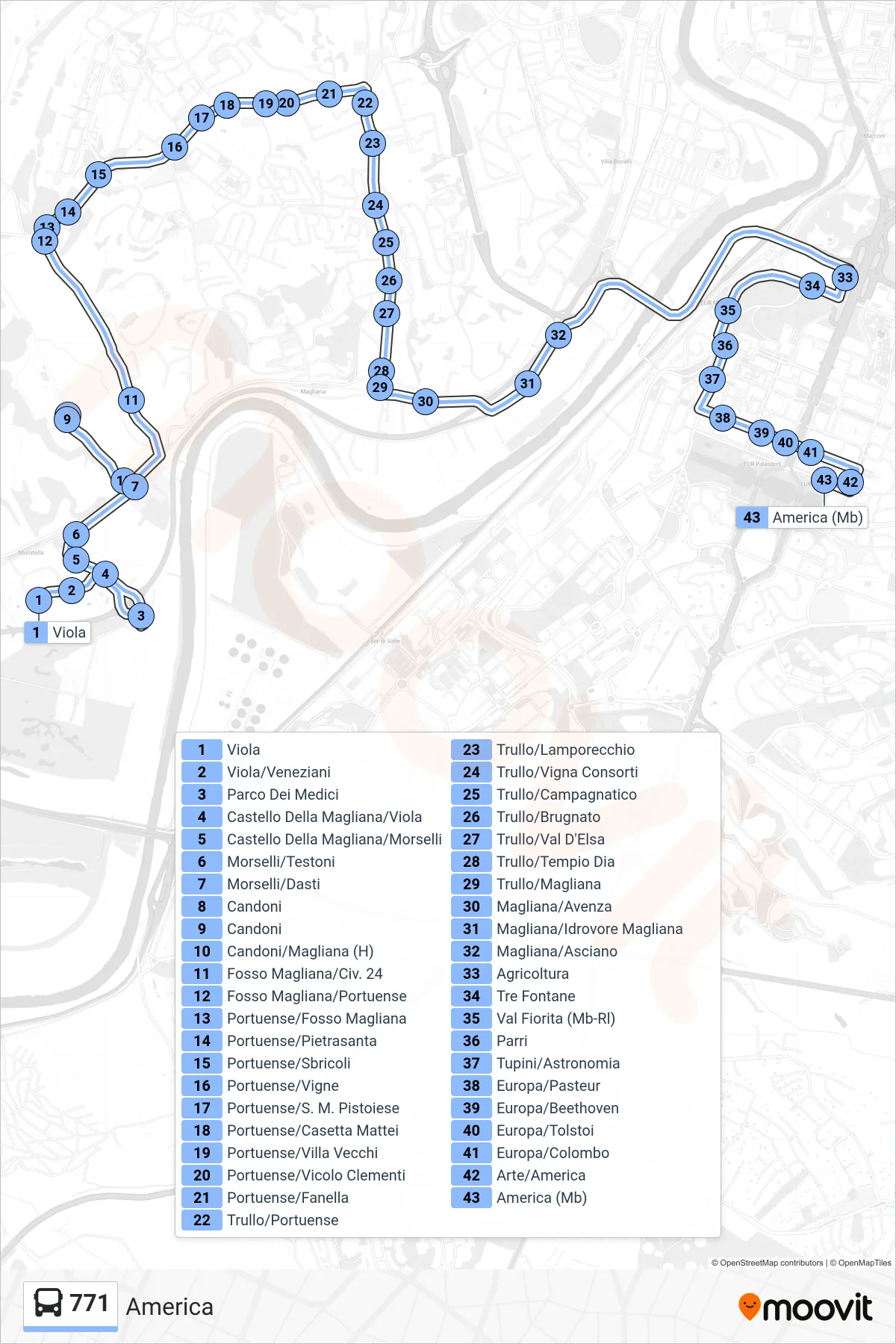 Linea 771 bus (America) - Percorsi e fermate sulla mappa