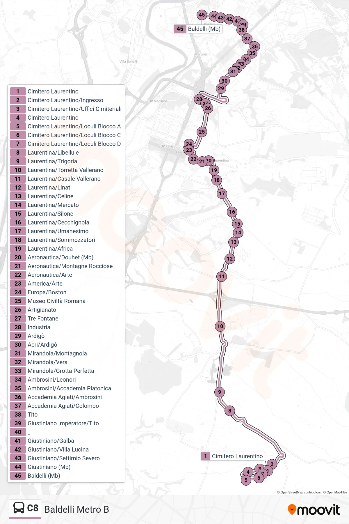 Linea C8 bus (Baldelli Metro B) - Percorsi e fermate sulla mappa