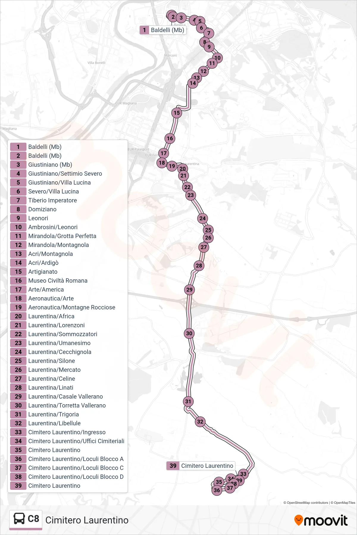Linea C8 bus (Cimitero Laurentino) - Percorsi e fermate sulla mappa