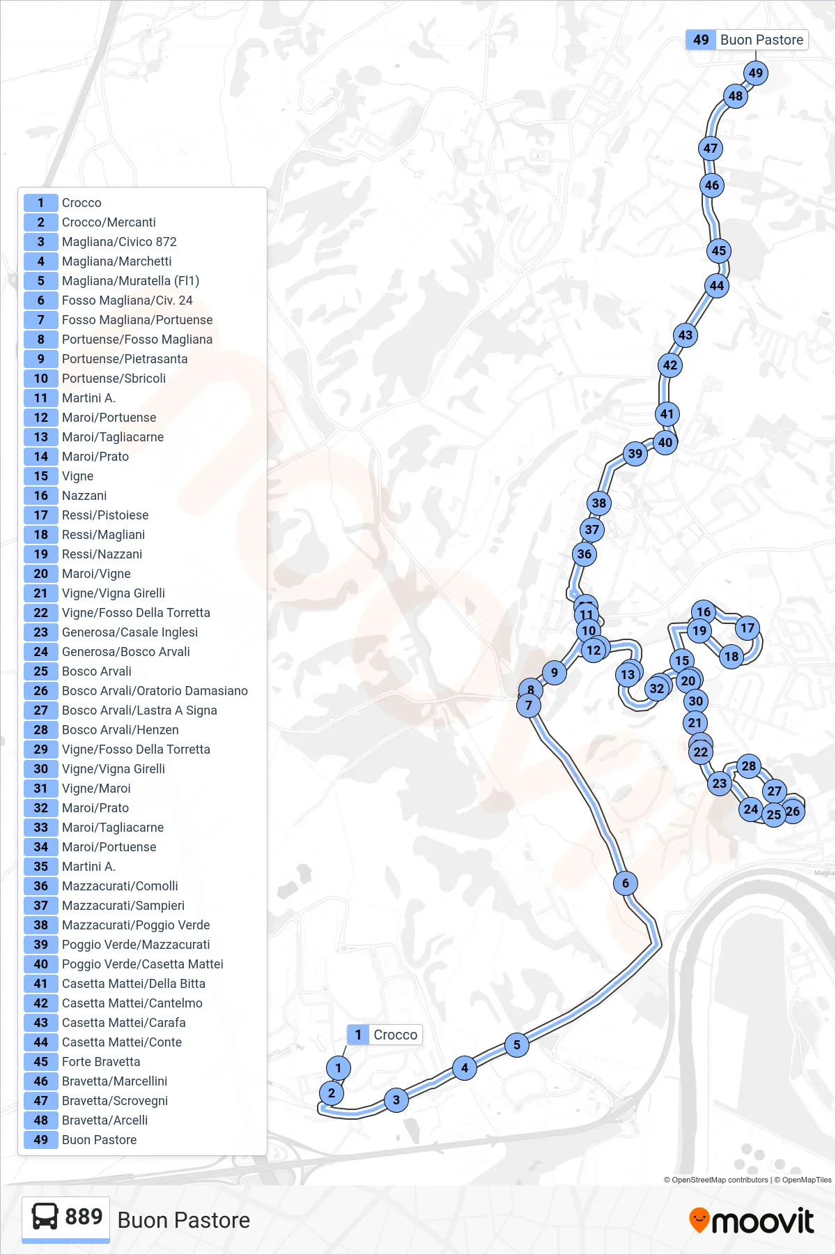 Linea 889 bus (Buon Pastore) - Percorsi e fermate sulla mappa