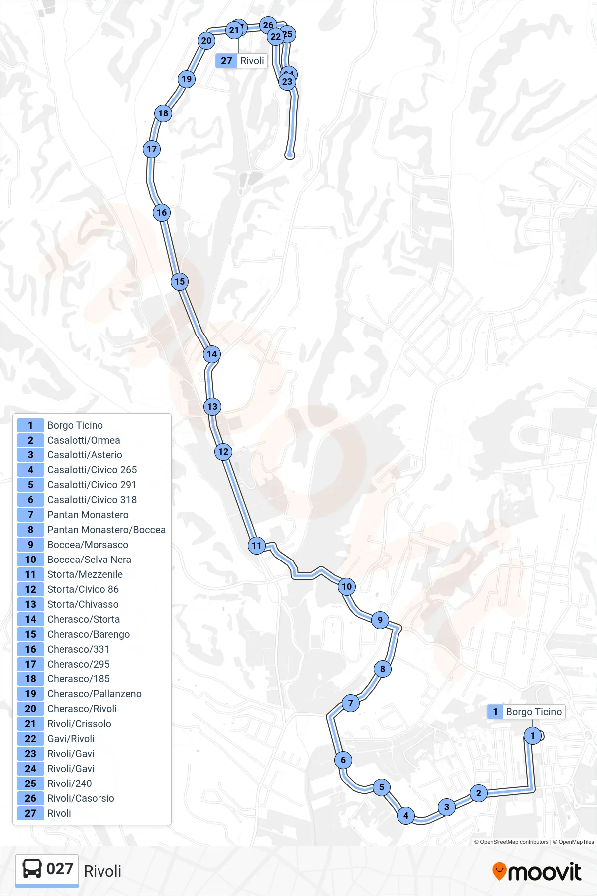 Linea 027 bus (Rivoli) - Percorsi e fermate sulla mappa