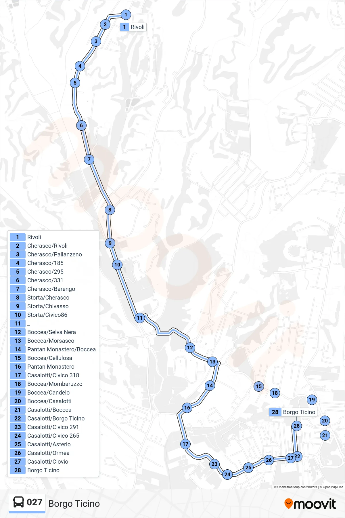 Linea 027 bus (Borgo Ticino) - Percorsi e fermate sulla mappa
