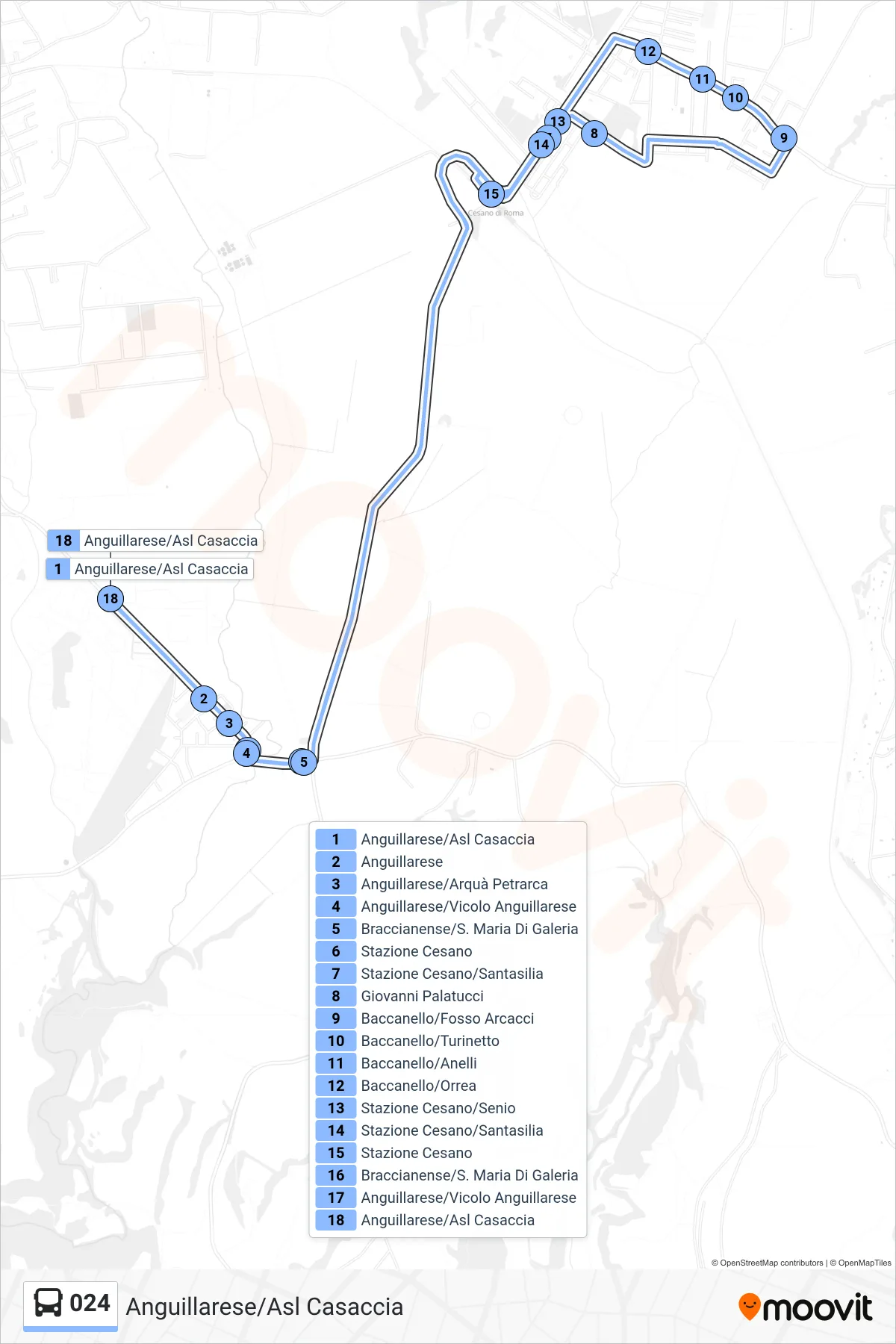 Linea 024 bus (Anguillarese/Asl Casaccia) - Percorsi e fermate sulla mappa
