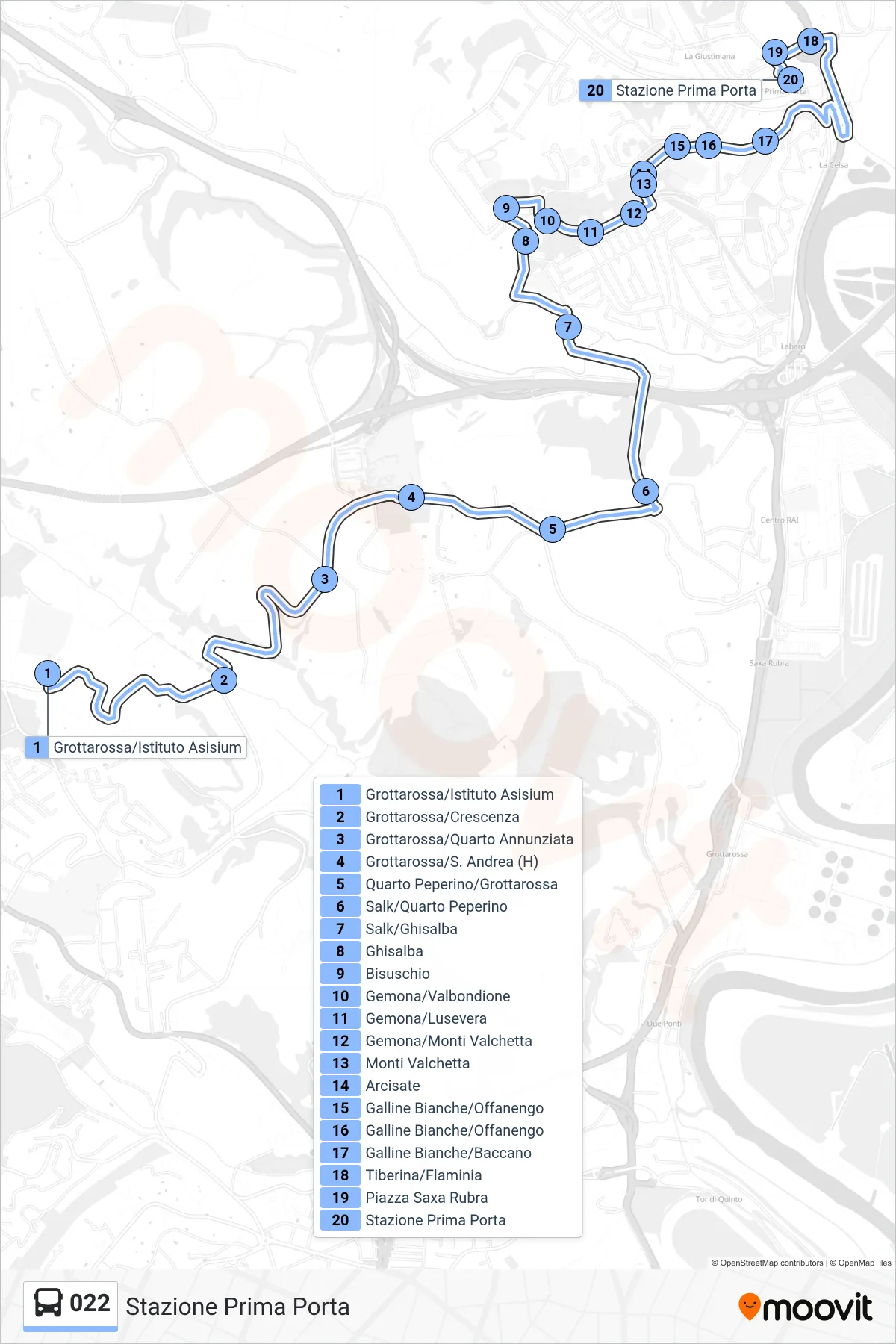 Linea 022 bus (Stazione Prima Porta) - Percorsi e fermate sulla mappa