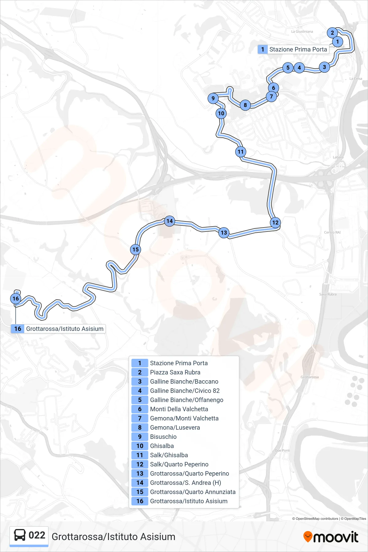 Linea 022 bus (Grottarossa/Istituto Asisium) - Percorsi e fermate sulla mappa
