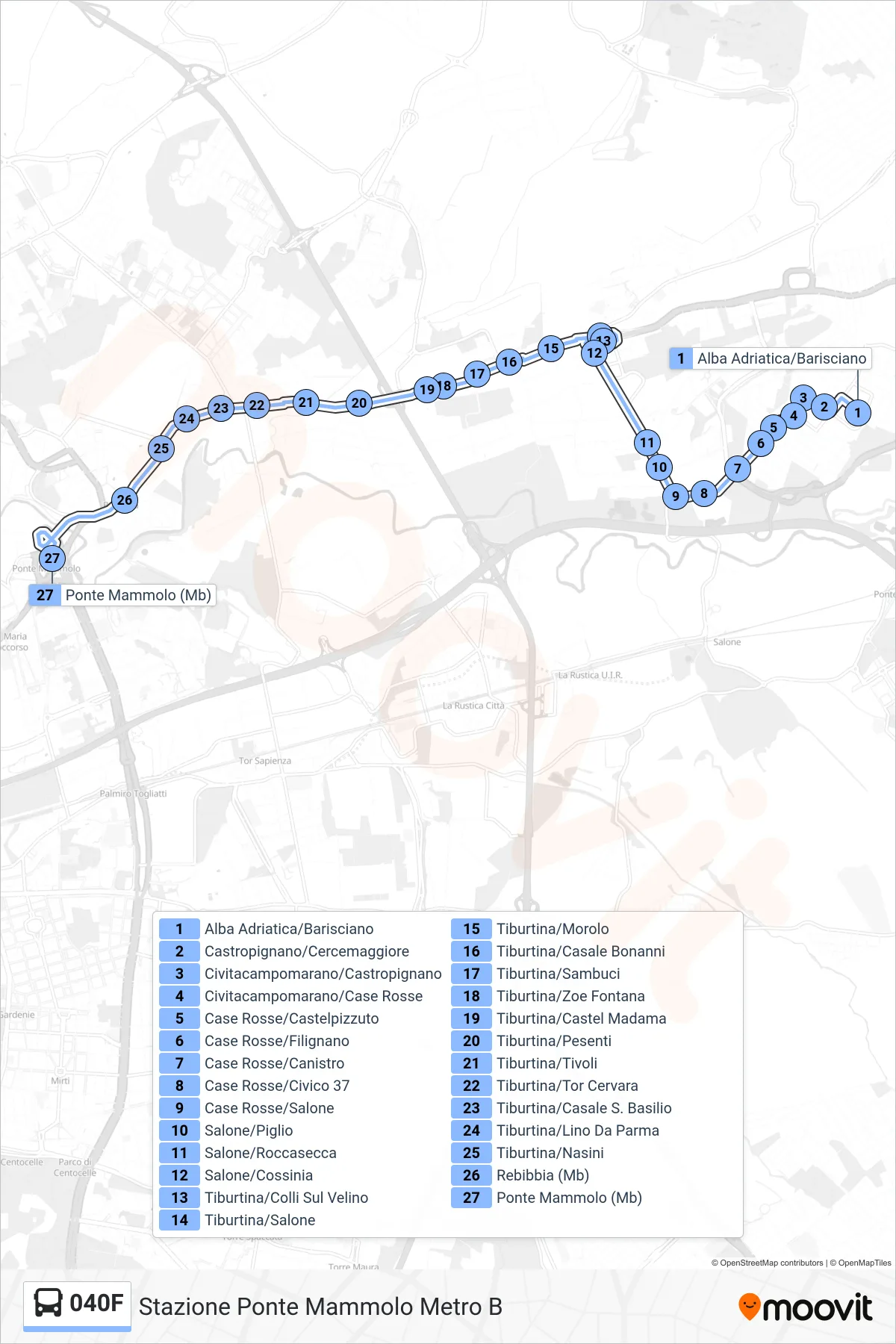 Linea 040F bus (Stazione Ponte Mammolo Metro B) - Percorsi e fermate sulla mappa