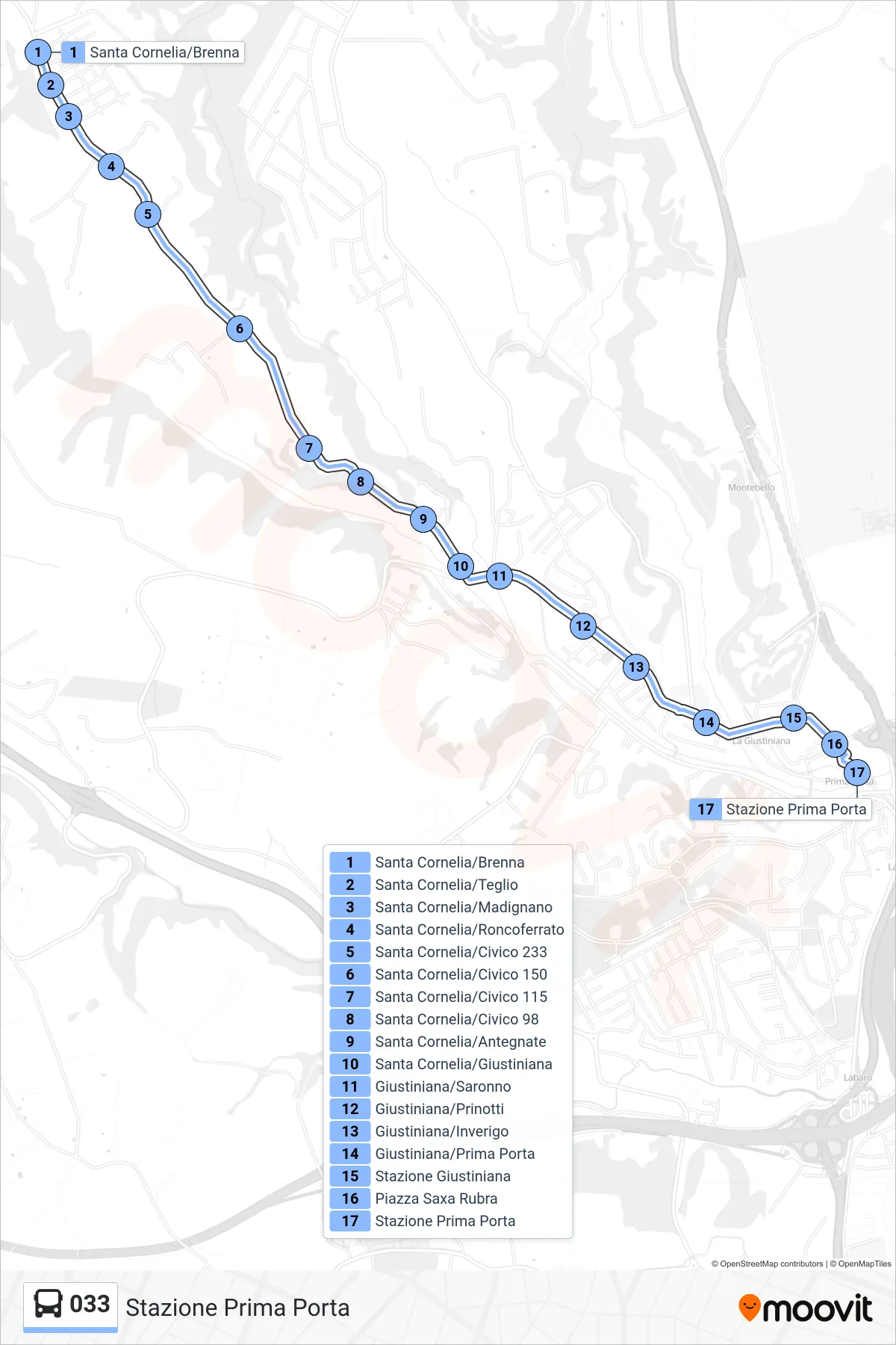 Linea 033 bus (Stazione Prima Porta) - Percorsi e fermate sulla mappa