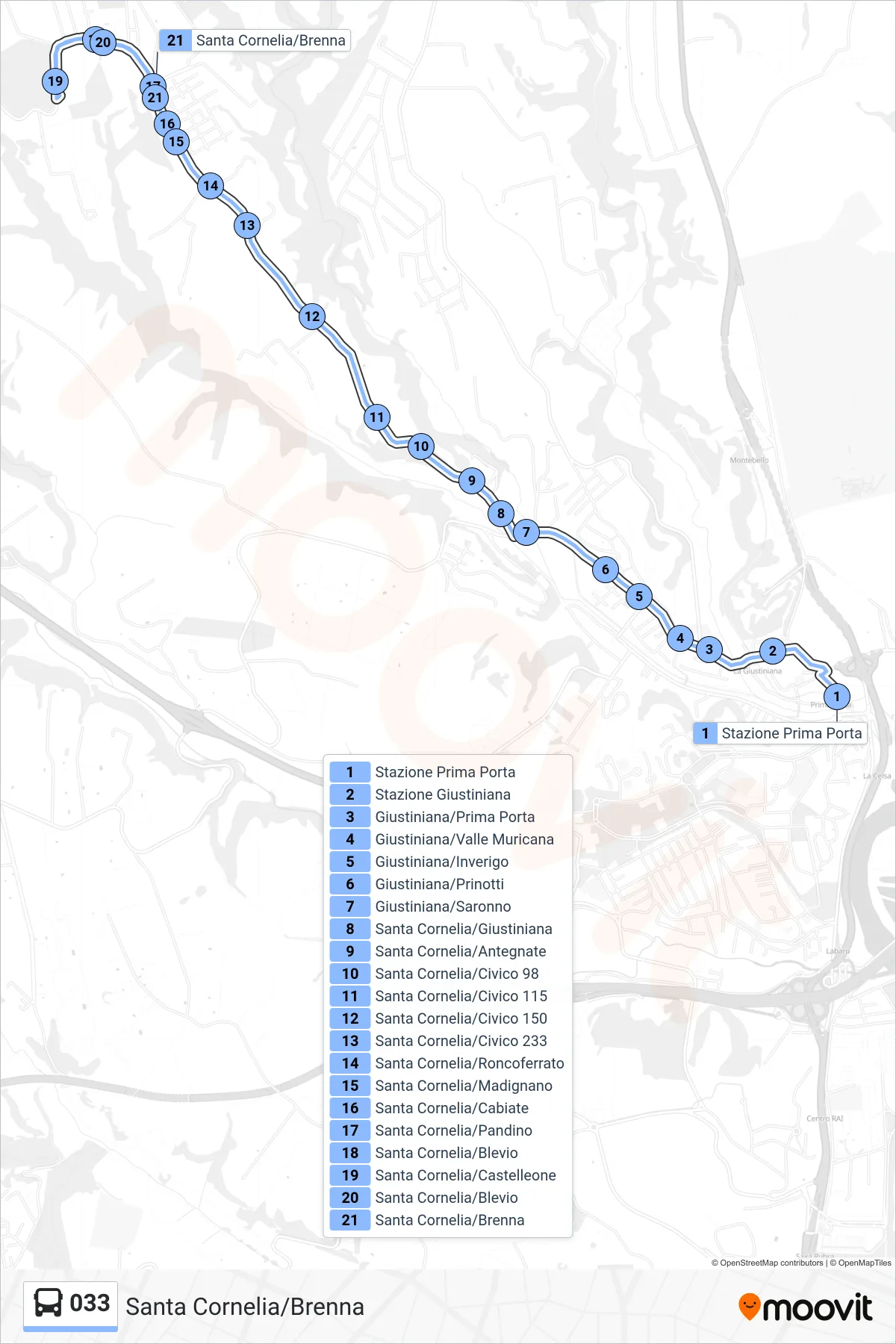 Linea 033 bus (Santa Cornelia/Brenna) - Percorsi e fermate sulla mappa