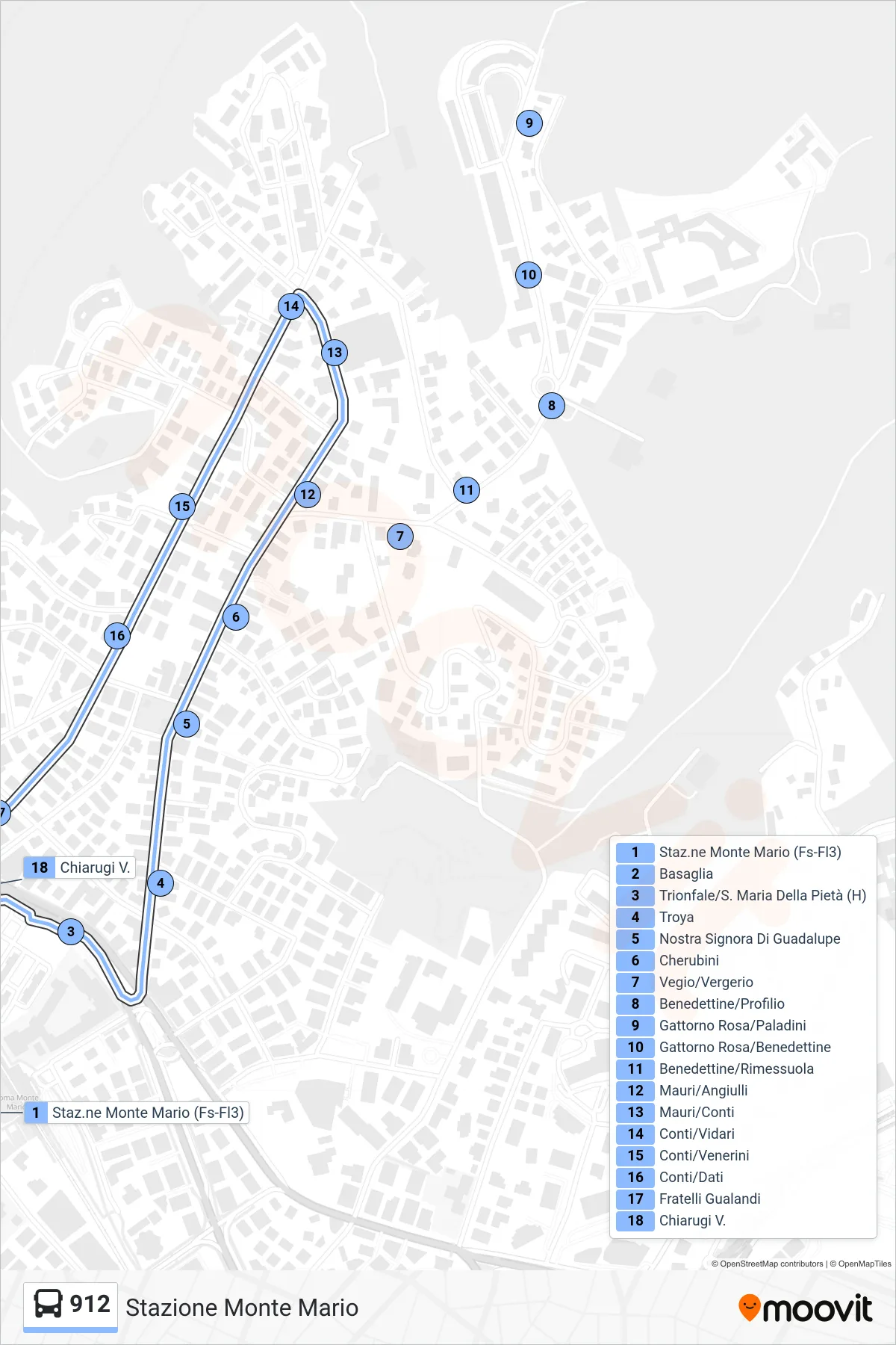 Linea 912 bus (Stazione Monte Mario) - Percorsi e fermate sulla mappa