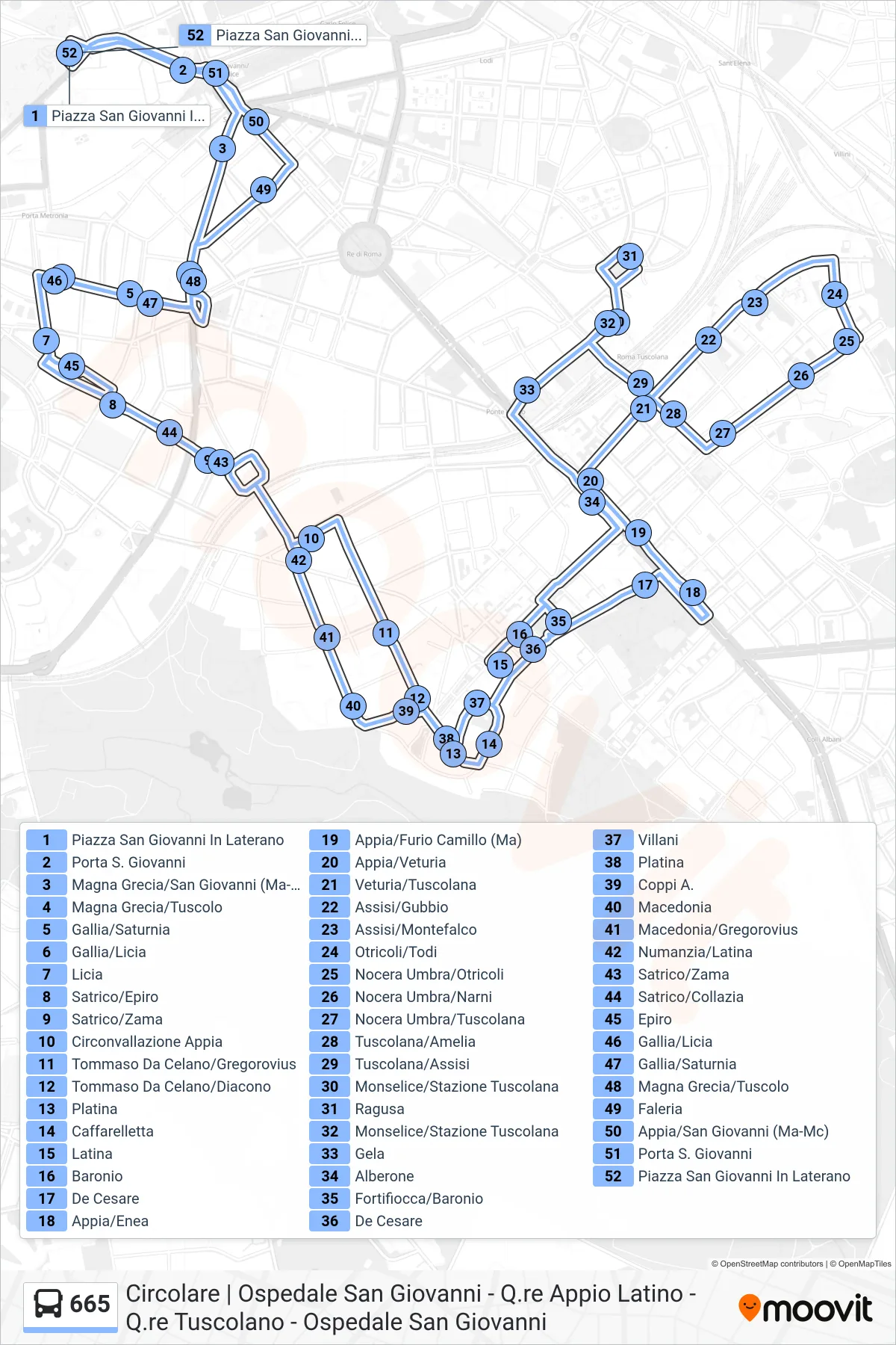 Linea 665 bus (Piazza San Giovanni In Laterano) - Percorsi e fermate sulla mappa