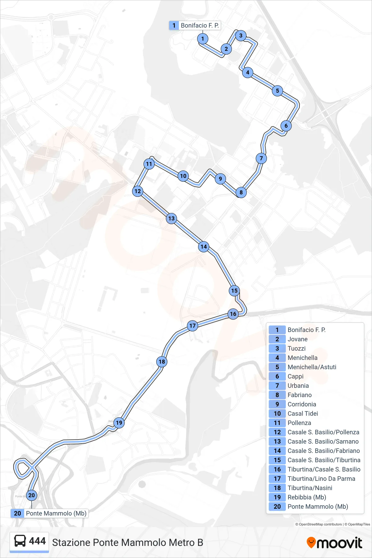 Linea 444 bus (Stazione Ponte Mammolo Metro B) - Percorsi e fermate sulla mappa