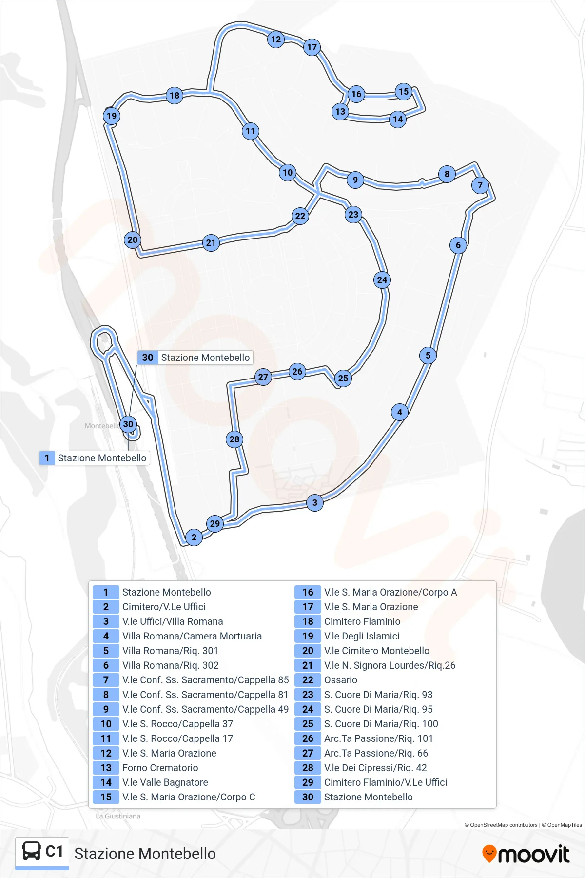Linea C1 bus (Stazione Montebello) - Percorsi e fermate sulla mappa