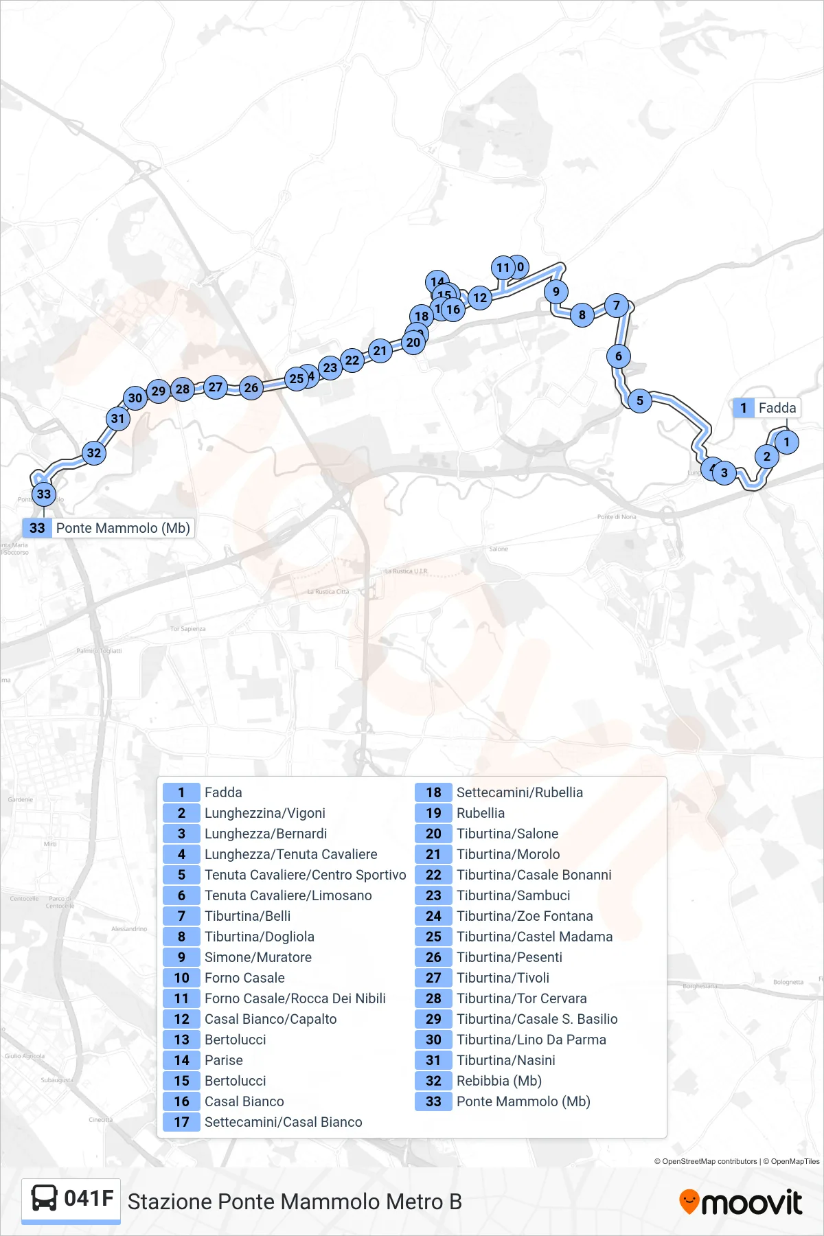 Linea 041F bus (Stazione Ponte Mammolo Metro B) - Percorsi e fermate sulla mappa