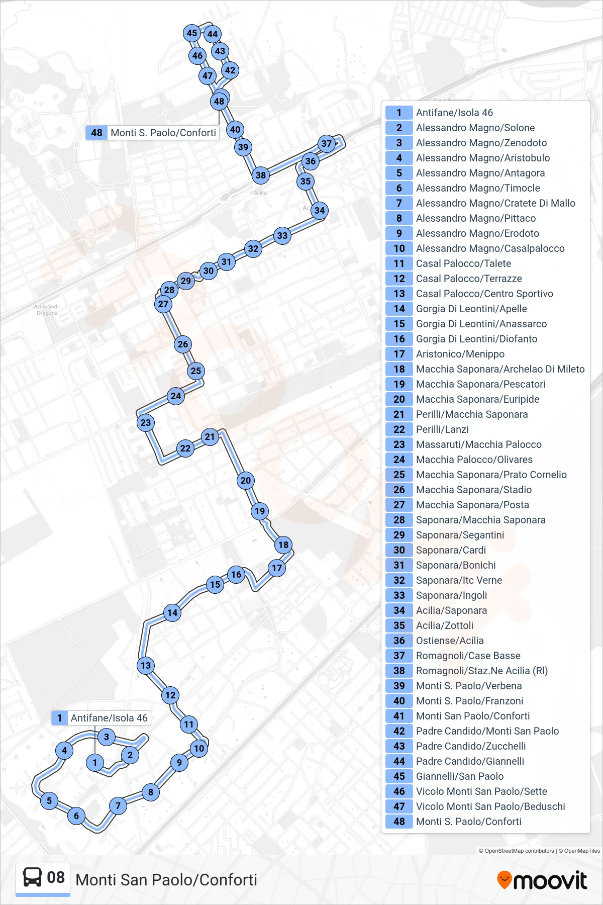 Linea 08 bus (Monti San Paolo/Conforti) - Percorsi e fermate sulla mappa