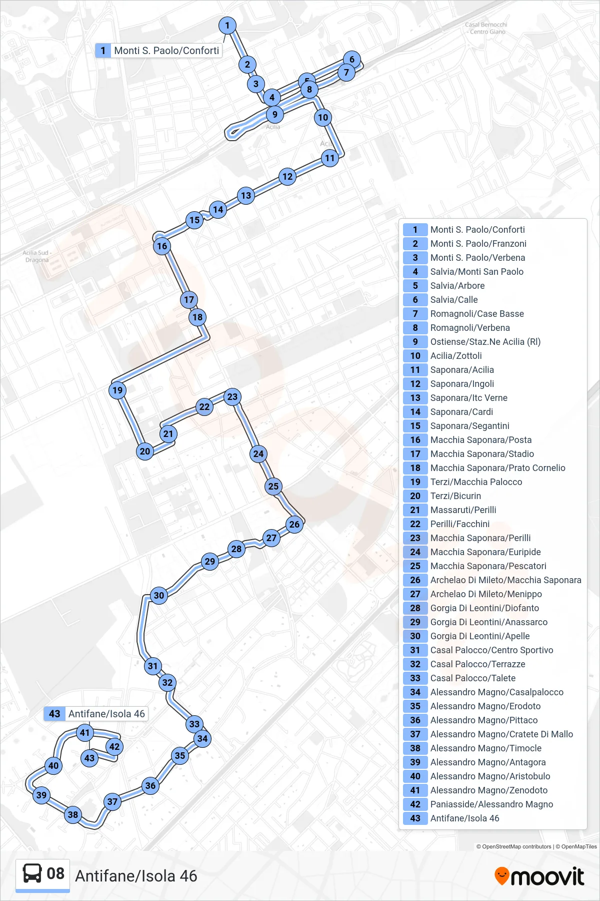 08 bus Line (Antifane/Isola 46) route and stops on a map