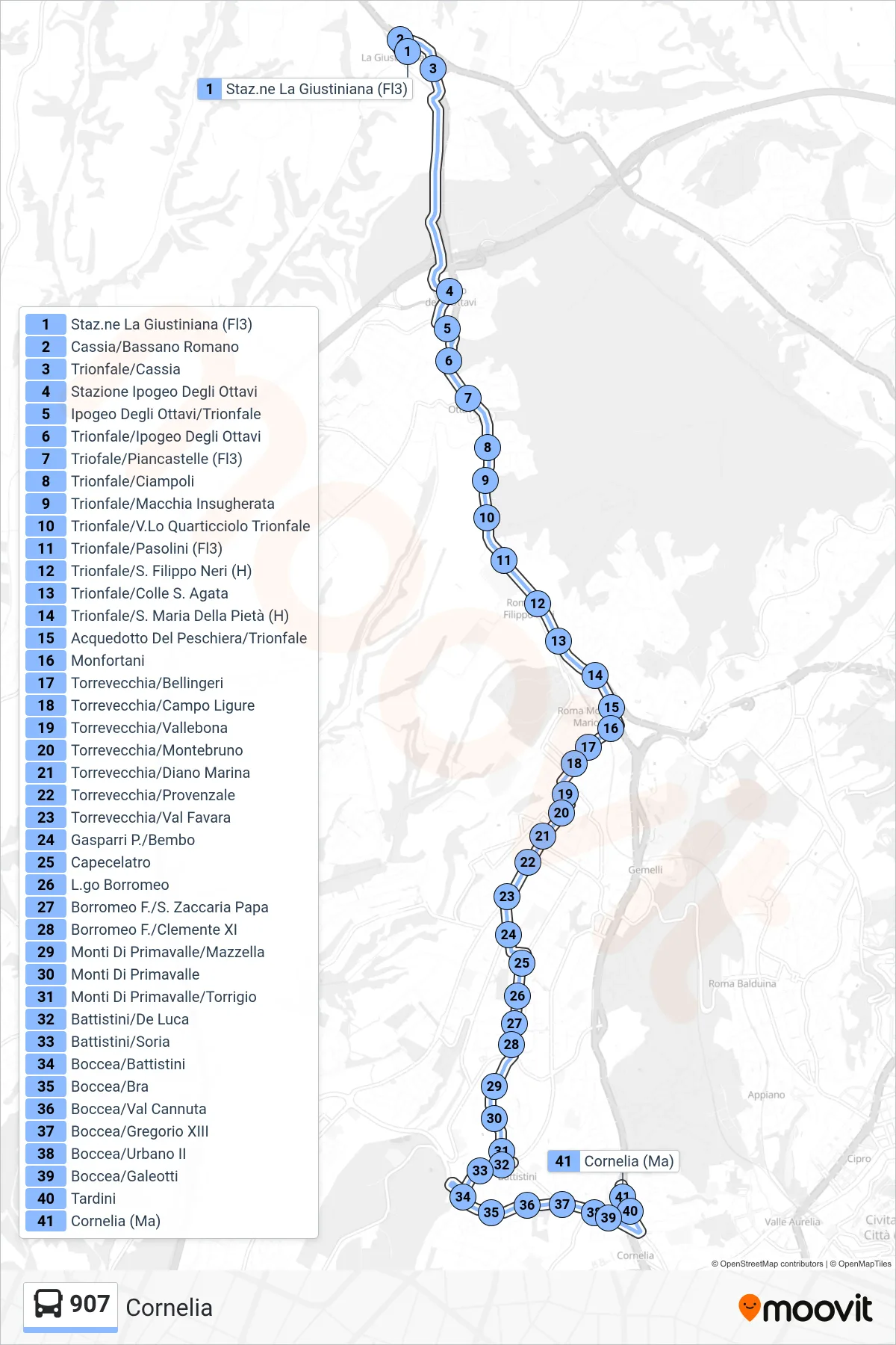 Linea 907  bus (Cornelia) - Percorsi e fermate sulla mappa